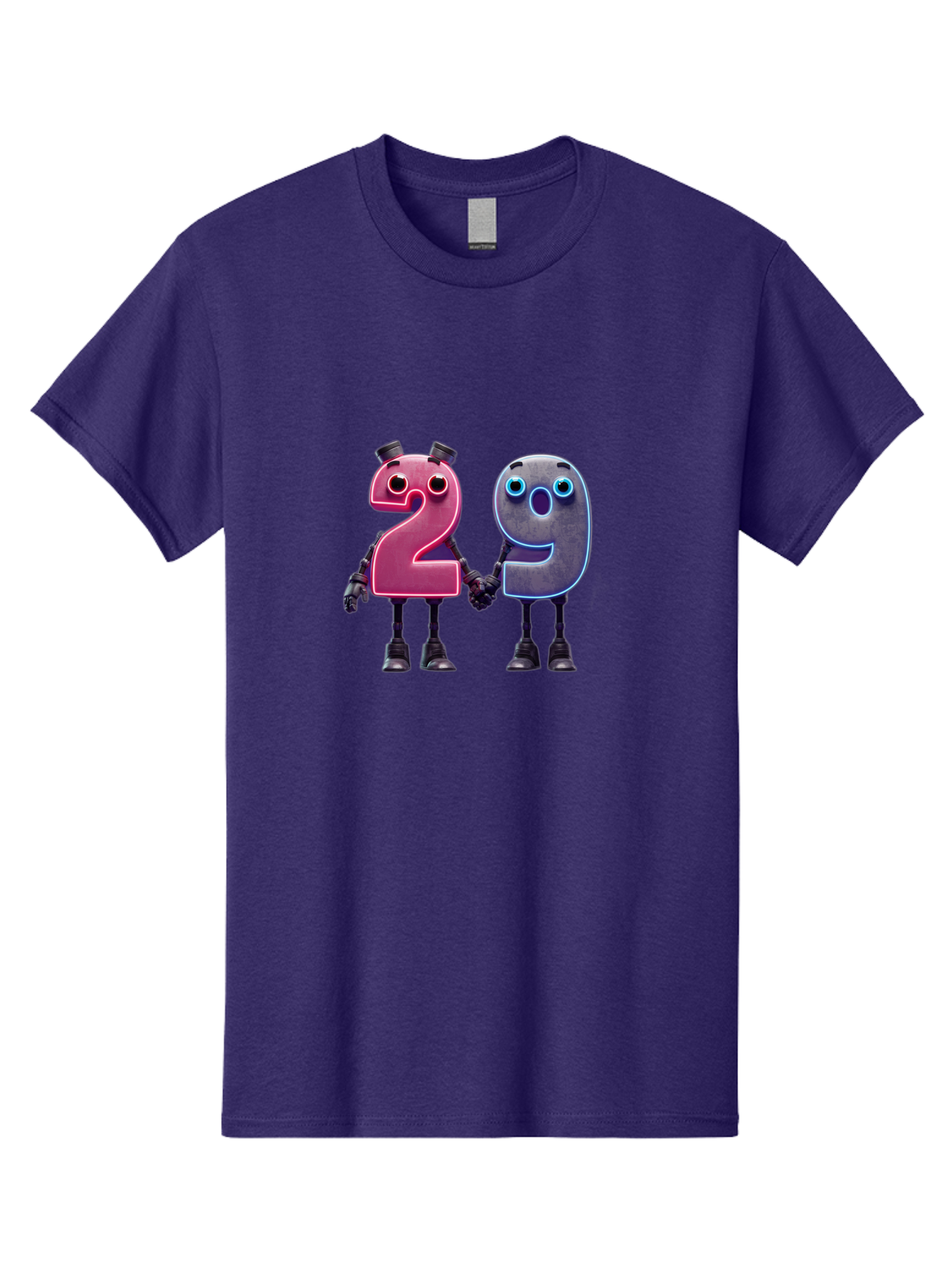 29 Men'S Graphic Tee, 100% Cotton, Comfortable Casual Summer Wear, Machine Washable, Anthropomorphic Numbers, Robotic Characters, 2 And 9, Futuristic Design, Neon Lights, Holding Hands, Friendly Duo, Cyborg Digits, Numerical Friends, Bab614