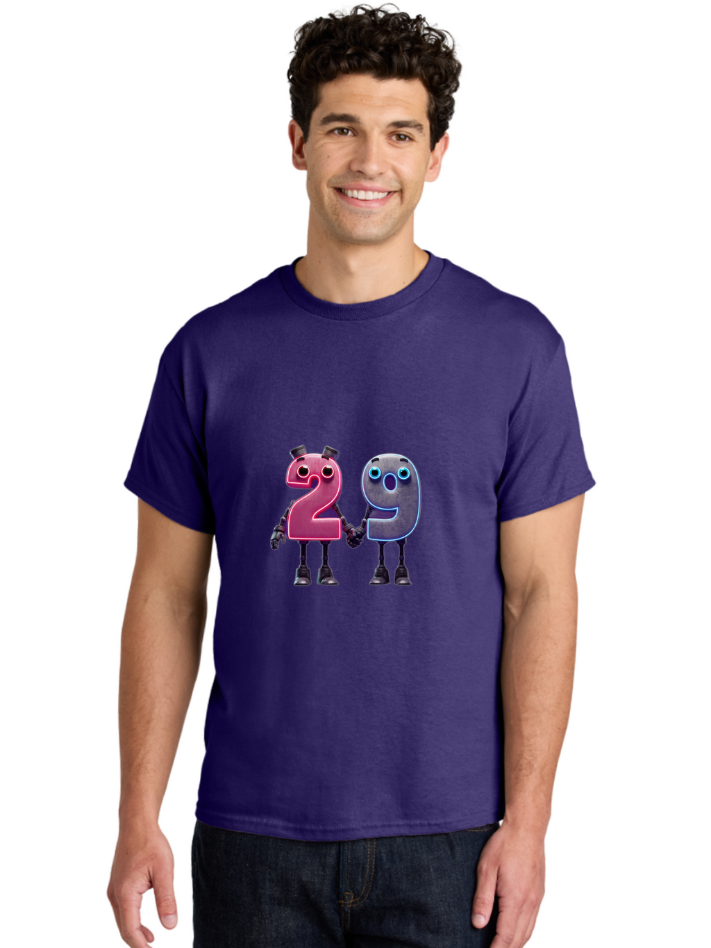 29 Men'S Graphic Tee, 100% Cotton, Comfortable Casual Summer Wear, Machine Washable, Anthropomorphic Numbers, Robotic Characters, 2 And 9, Futuristic Design, Neon Lights, Holding Hands, Friendly Duo, Cyborg Digits, Numerical Friends, Bab614