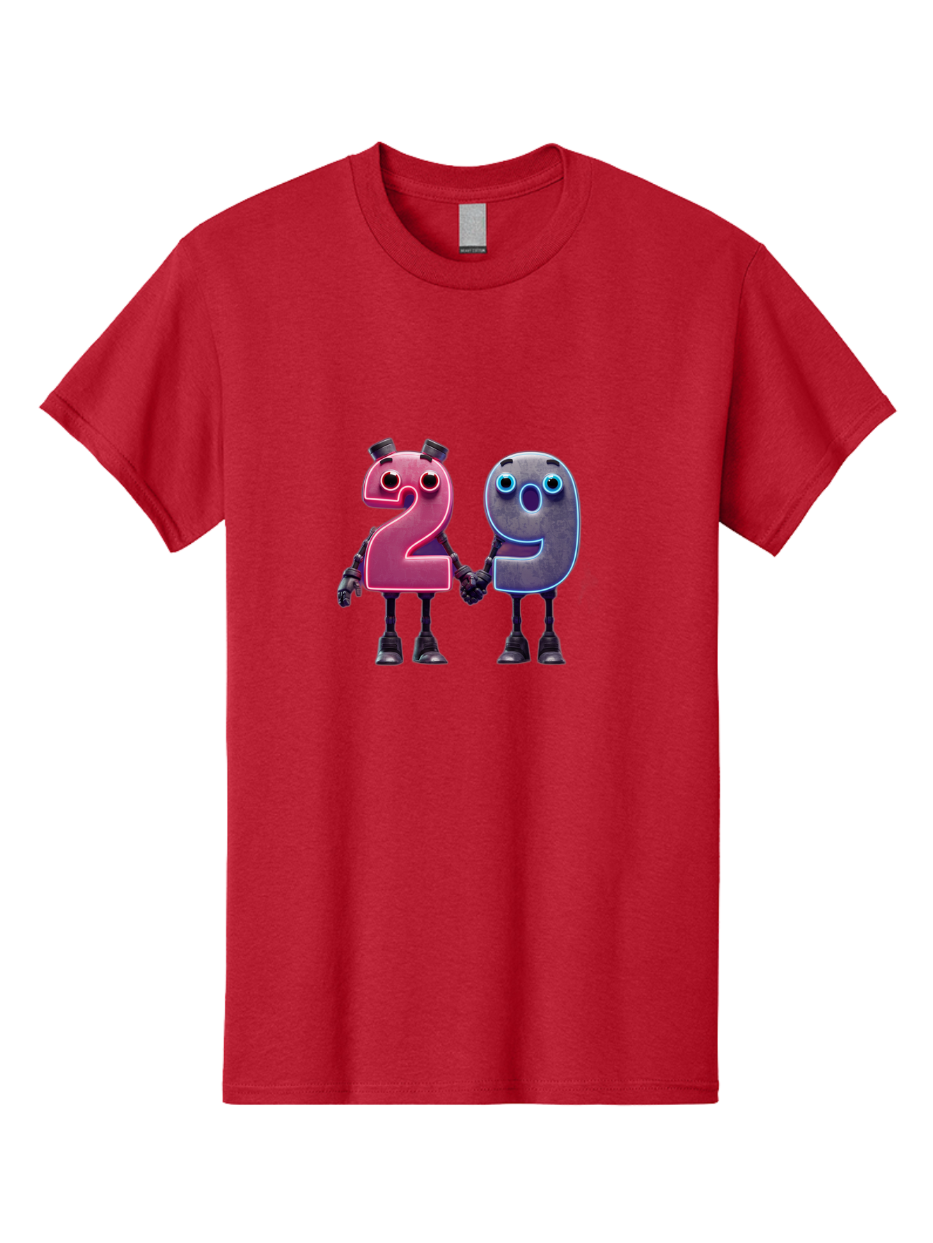 29 Men'S Graphic Tee, 100% Cotton, Comfortable Casual Summer Wear, Machine Washable, Anthropomorphic Numbers, Robotic Characters, 2 And 9, Futuristic Design, Neon Lights, Holding Hands, Friendly Duo, Cyborg Digits, Numerical Friends, Bab614