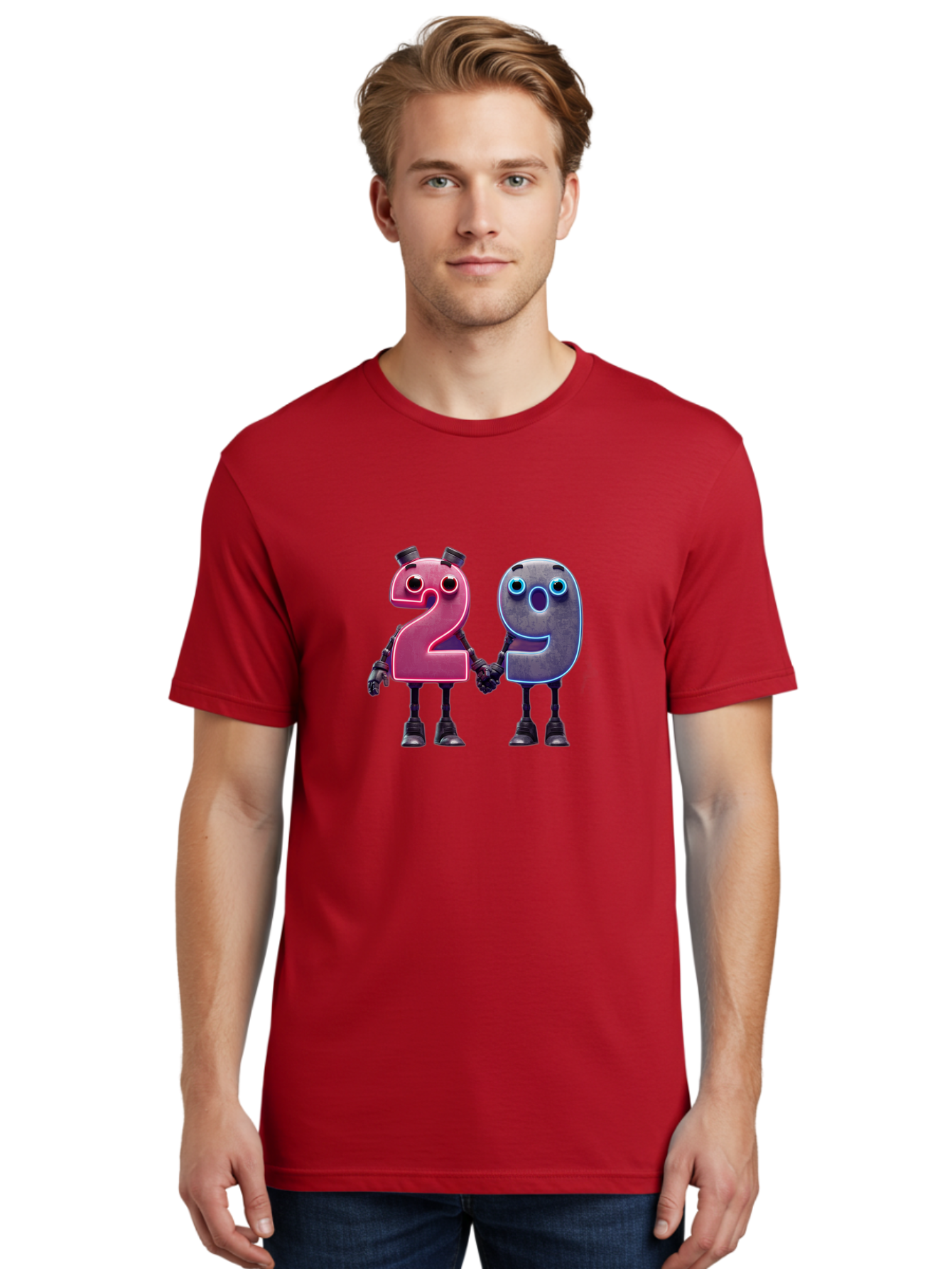 29 Men'S Graphic Tee, 100% Cotton, Comfortable Casual Summer Wear, Machine Washable, Anthropomorphic Numbers, Robotic Characters, 2 And 9, Futuristic Design, Neon Lights, Holding Hands, Friendly Duo, Cyborg Digits, Numerical Friends, Bab614