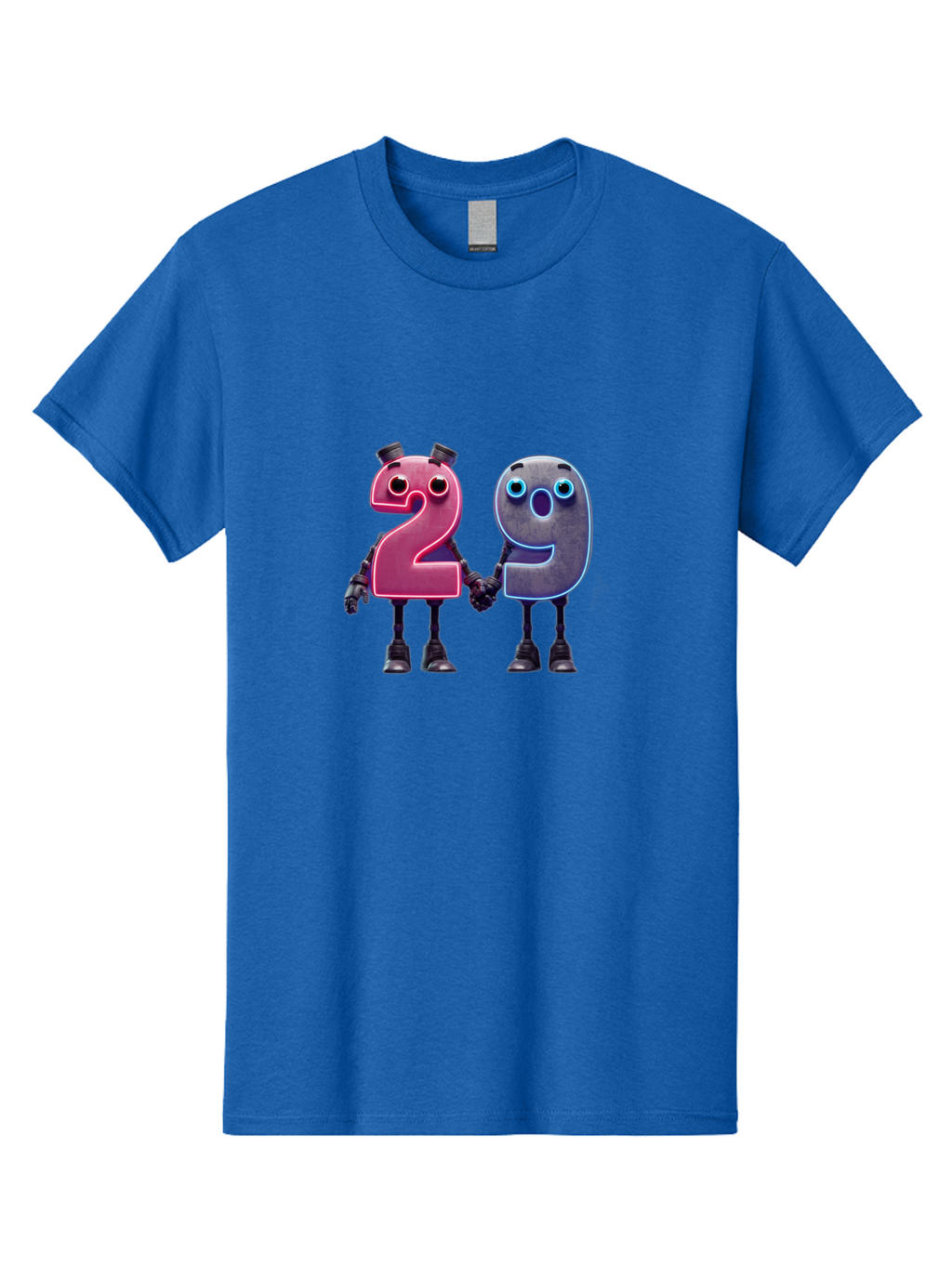 29 Men'S Graphic Tee, 100% Cotton, Comfortable Casual Summer Wear, Machine Washable, Anthropomorphic Numbers, Robotic Characters, 2 And 9, Futuristic Design, Neon Lights, Holding Hands, Friendly Duo, Cyborg Digits, Numerical Friends, Bab614