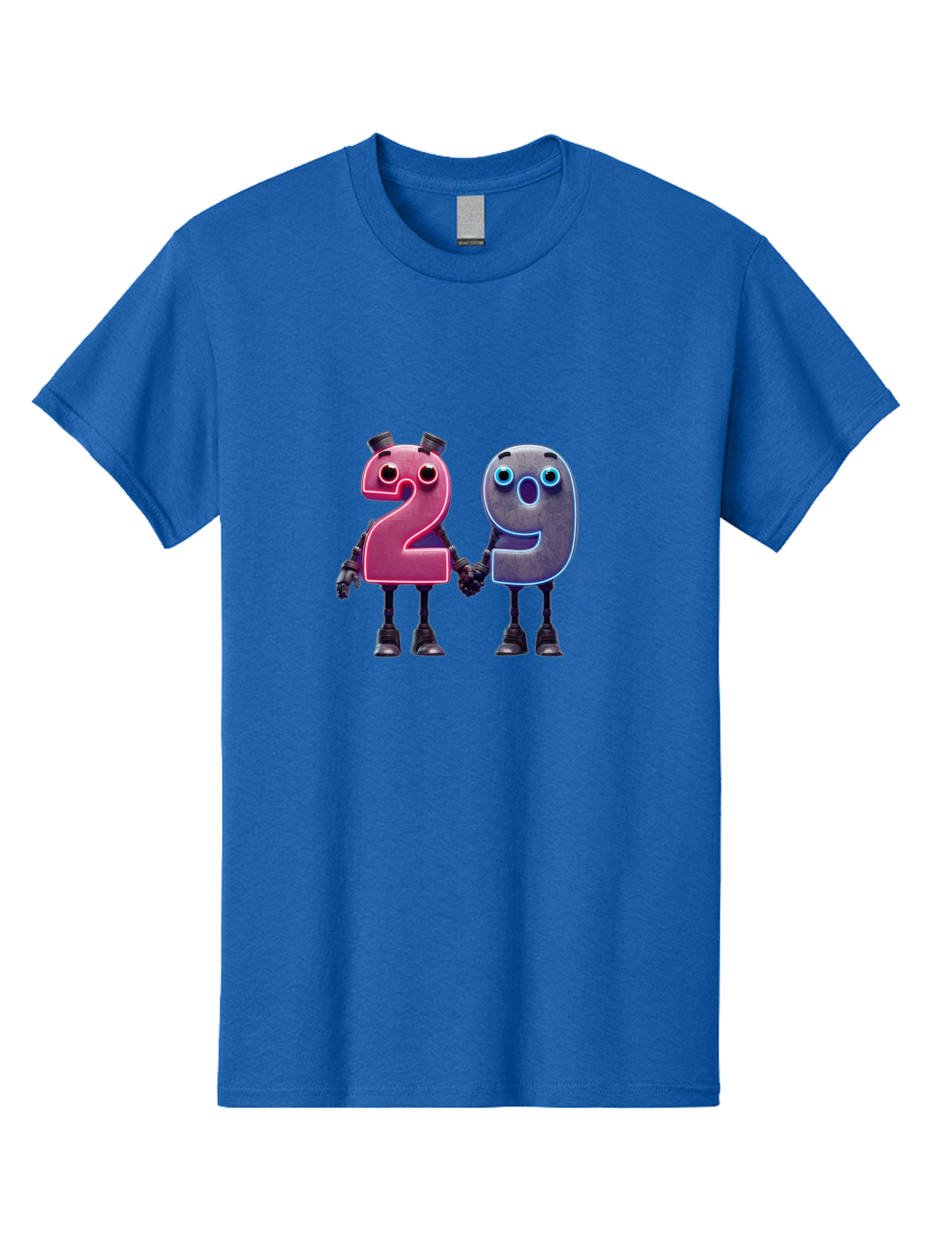 29 Men'S Graphic Tee, 100% Cotton, Comfortable Casual Summer Wear, Machine Washable, Anthropomorphic Numbers, Robotic Characters, 2 And 9, Futuristic Design, Neon Lights, Holding Hands, Friendly Duo, Cyborg Digits, Numerical Friends, Bab614