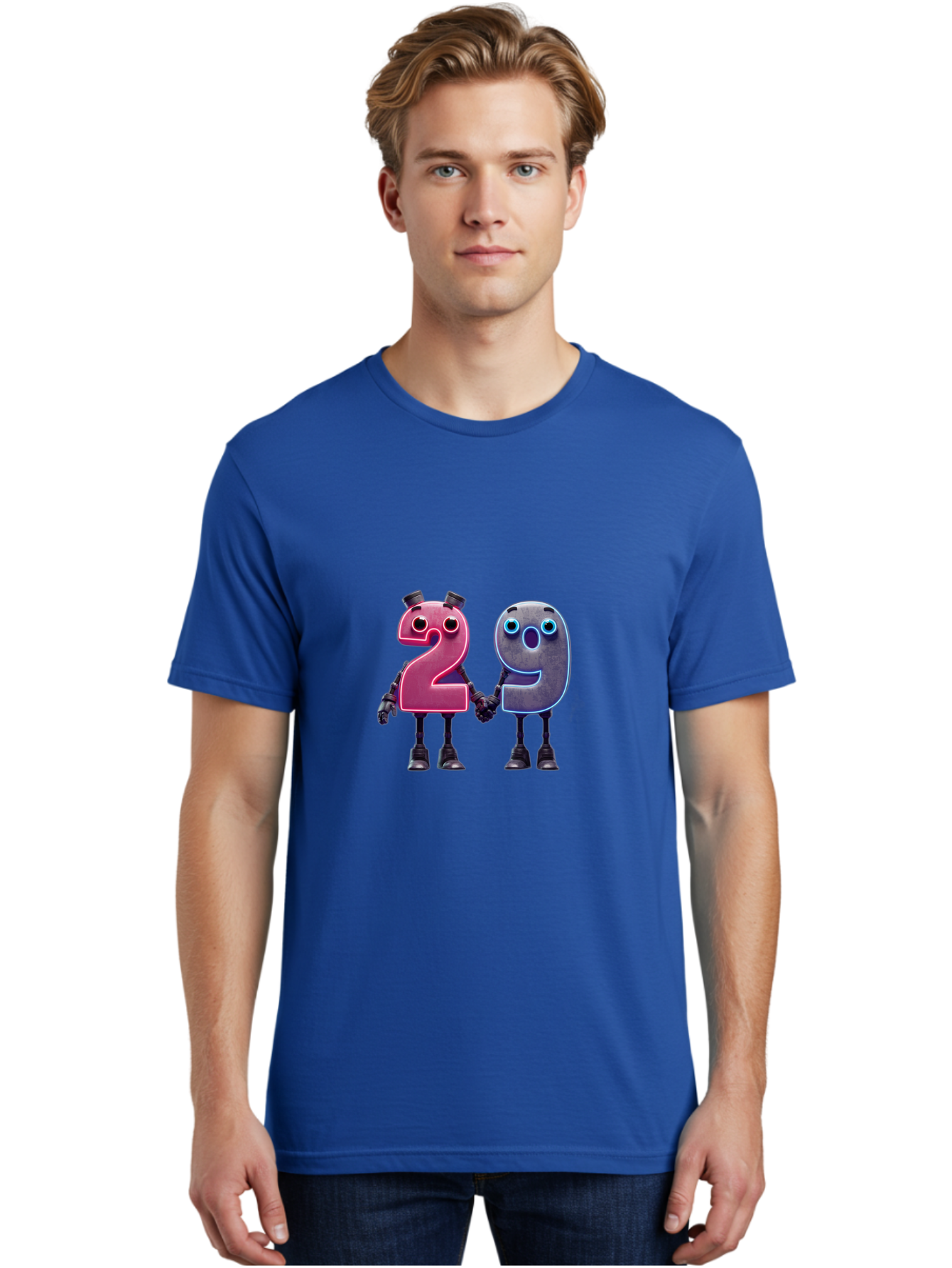 29 Men'S Graphic Tee, 100% Cotton, Comfortable Casual Summer Wear, Machine Washable, Anthropomorphic Numbers, Robotic Characters, 2 And 9, Futuristic Design, Neon Lights, Holding Hands, Friendly Duo, Cyborg Digits, Numerical Friends, Bab614