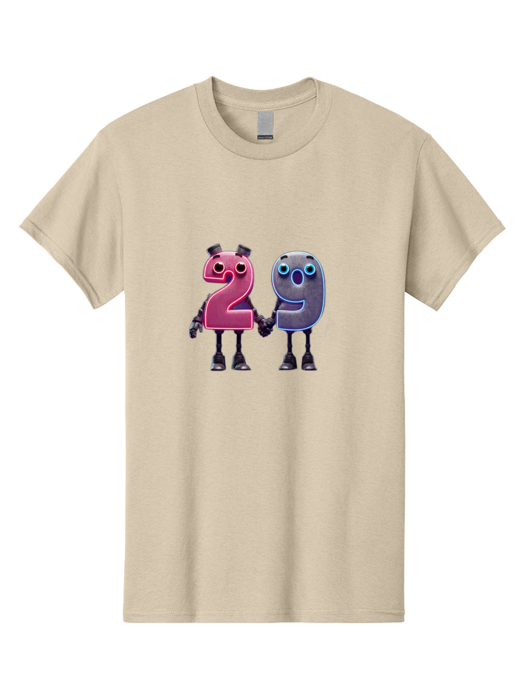 29 Men'S Graphic Tee, 100% Cotton, Comfortable Casual Summer Wear, Machine Washable, Anthropomorphic Numbers, Robotic Characters, 2 And 9, Futuristic Design, Neon Lights, Holding Hands, Friendly Duo, Cyborg Digits, Numerical Friends, Bab614