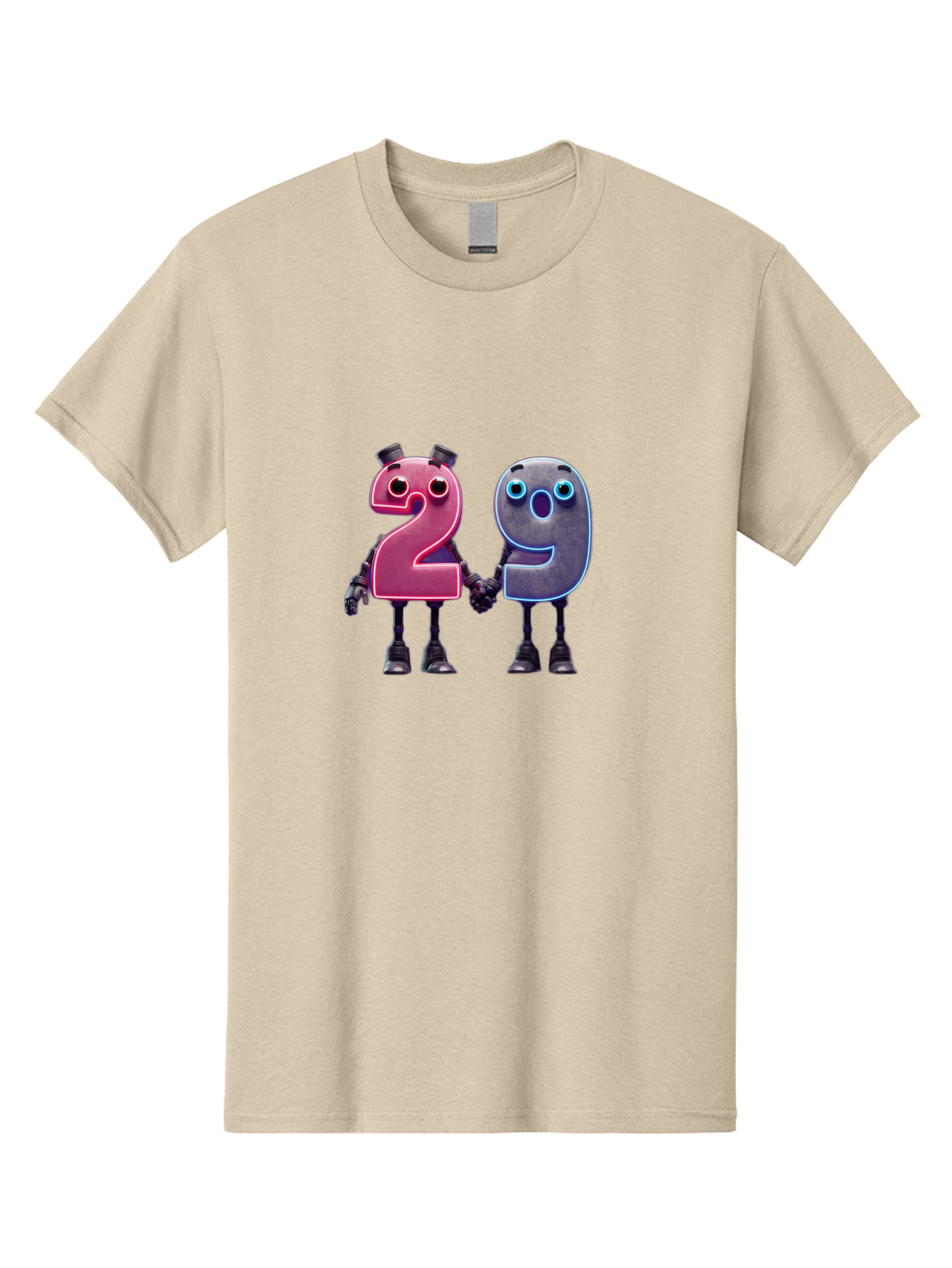 29 Men'S Graphic Tee, 100% Cotton, Comfortable Casual Summer Wear, Machine Washable, Anthropomorphic Numbers, Robotic Characters, 2 And 9, Futuristic Design, Neon Lights, Holding Hands, Friendly Duo, Cyborg Digits, Numerical Friends, Bab614