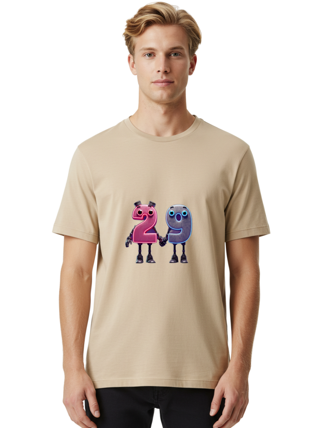 29 Men'S Graphic Tee, 100% Cotton, Comfortable Casual Summer Wear, Machine Washable, Anthropomorphic Numbers, Robotic Characters, 2 And 9, Futuristic Design, Neon Lights, Holding Hands, Friendly Duo, Cyborg Digits, Numerical Friends, Bab614
