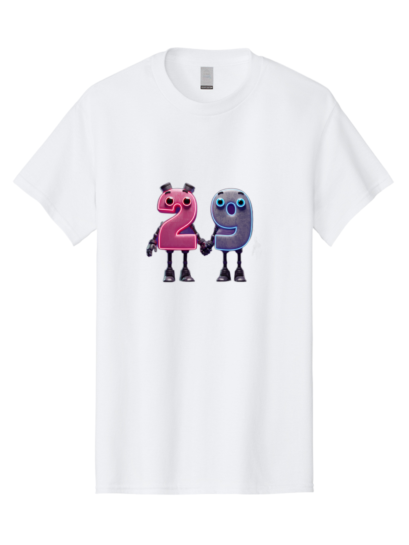 29 Men'S Graphic Tee, 100% Cotton, Comfortable Casual Summer Wear, Machine Washable, Anthropomorphic Numbers, Robotic Characters, 2 And 9, Futuristic Design, Neon Lights, Holding Hands, Friendly Duo, Cyborg Digits, Numerical Friends, Bab614
