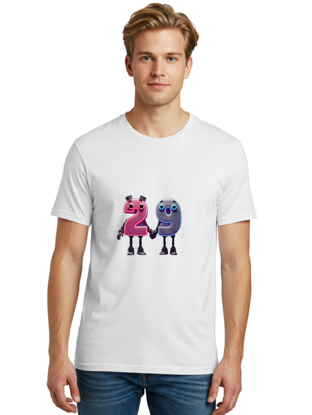 29 Men'S Graphic Tee, 100% Cotton, Comfortable Casual Summer Wear, Machine Washable, Anthropomorphic Numbers, Robotic Characters, 2 And 9, Futuristic Design, Neon Lights, Holding Hands, Friendly Duo, Cyborg Digits, Numerical Friends, Bab614