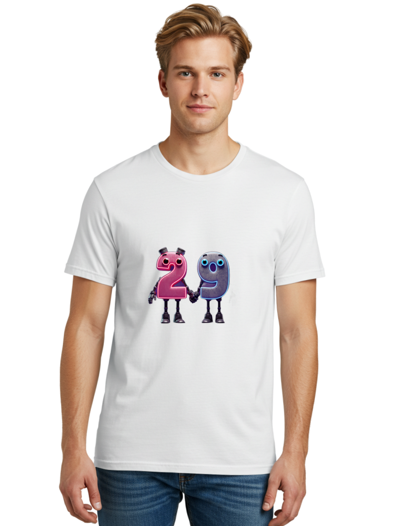 29 Men'S Graphic Tee, 100% Cotton, Comfortable Casual Summer Wear, Machine Washable, Anthropomorphic Numbers, Robotic Characters, 2 And 9, Futuristic Design, Neon Lights, Holding Hands, Friendly Duo, Cyborg Digits, Numerical Friends, Bab614