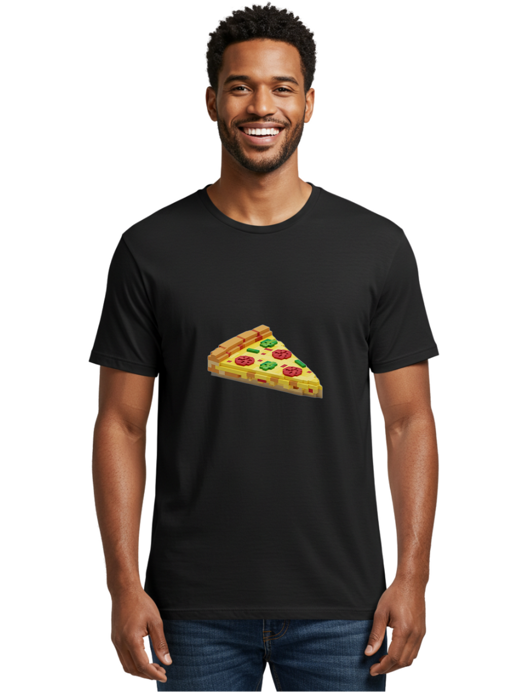 3D-Pizza-Slice Men'S Graphic Tee, 100% Cotton, Comfortable Casual Summer Wear, Machine Washable, Pixel Art, Pizza Slice, 3D Graphics, Pepperoni Pizza, Green Peppers, Yellow Crust, Red Toppings, Digital Illustration, Blocky Texture, Bab615