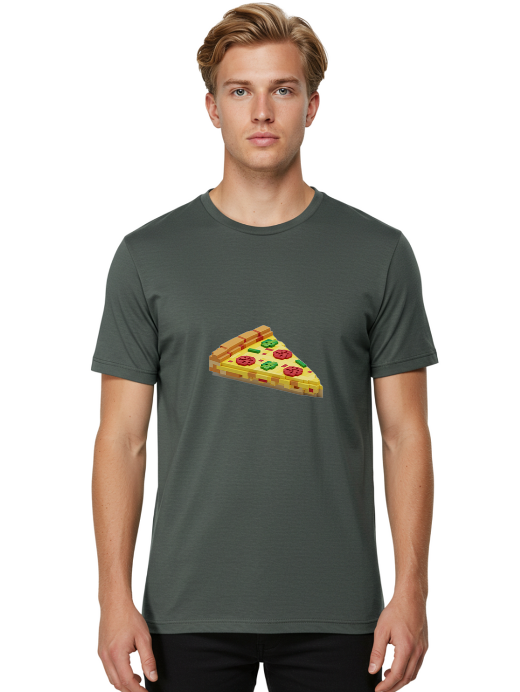 3D-Pizza-Slice Men'S Graphic Tee, 100% Cotton, Comfortable Casual Summer Wear, Machine Washable, Pixel Art, Pizza Slice, 3D Graphics, Pepperoni Pizza, Green Peppers, Yellow Crust, Red Toppings, Digital Illustration, Blocky Texture, Bab615