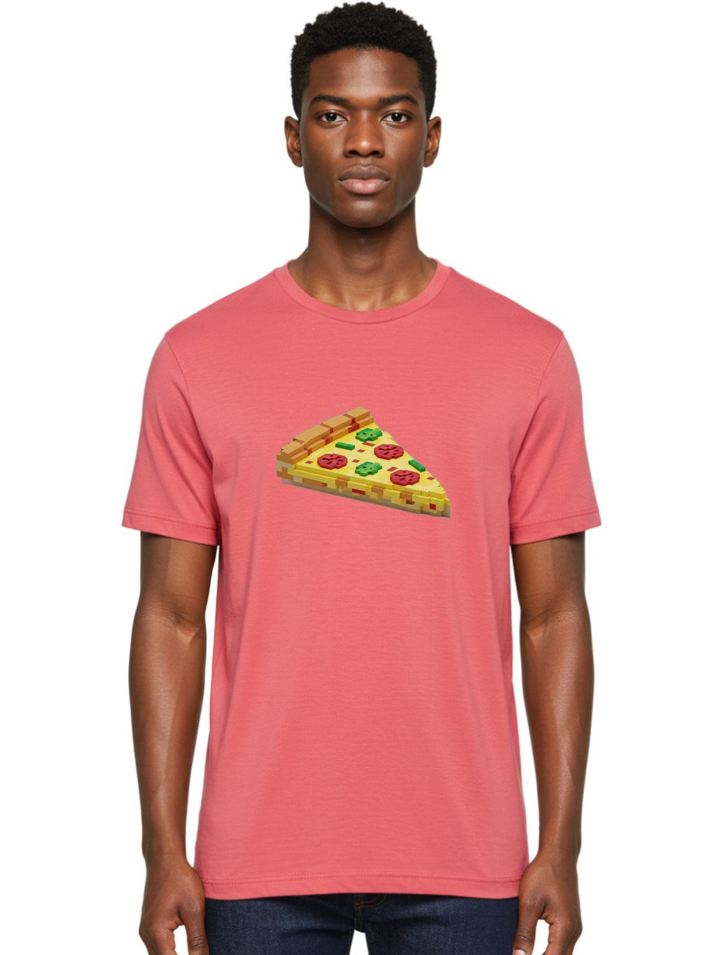 3D-Pizza-Slice Men'S Graphic Tee, 100% Cotton, Comfortable Casual Summer Wear, Machine Washable, Pixel Art, Pizza Slice, 3D Graphics, Pepperoni Pizza, Green Peppers, Yellow Crust, Red Toppings, Digital Illustration, Blocky Texture, Bab615