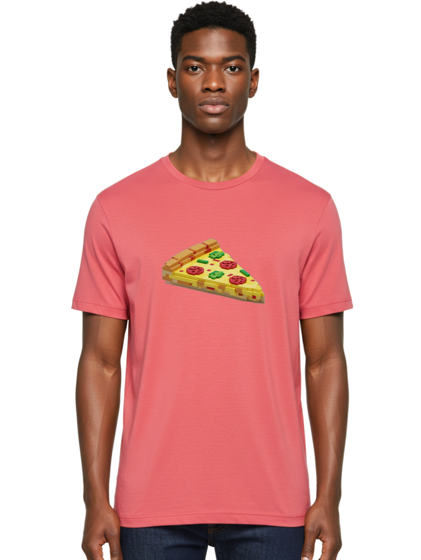 3D-Pizza-Slice Men'S Graphic Tee, 100% Cotton, Comfortable Casual Summer Wear, Machine Washable, Pixel Art, Pizza Slice, 3D Graphics, Pepperoni Pizza, Green Peppers, Yellow Crust, Red Toppings, Digital Illustration, Blocky Texture, Bab615