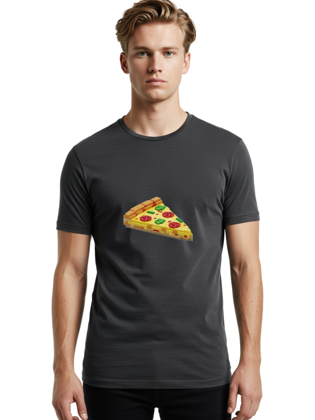 3D-Pizza-Slice Men'S Graphic Tee, 100% Cotton, Comfortable Casual Summer Wear, Machine Washable, Pixel Art, Pizza Slice, 3D Graphics, Pepperoni Pizza, Green Peppers, Yellow Crust, Red Toppings, Digital Illustration, Blocky Texture, Bab615