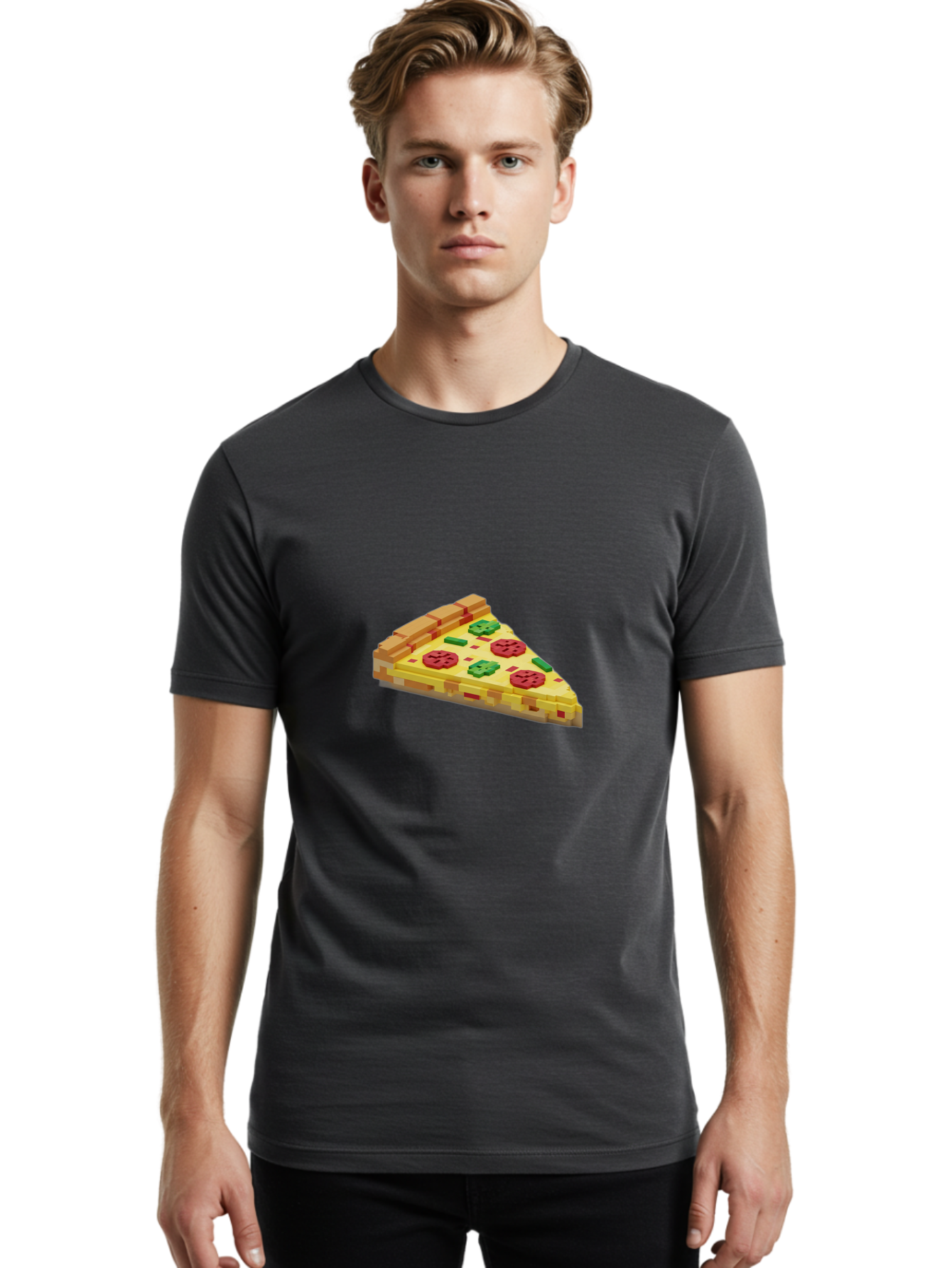 3D-Pizza-Slice Men'S Graphic Tee, 100% Cotton, Comfortable Casual Summer Wear, Machine Washable, Pixel Art, Pizza Slice, 3D Graphics, Pepperoni Pizza, Green Peppers, Yellow Crust, Red Toppings, Digital Illustration, Blocky Texture, Bab615