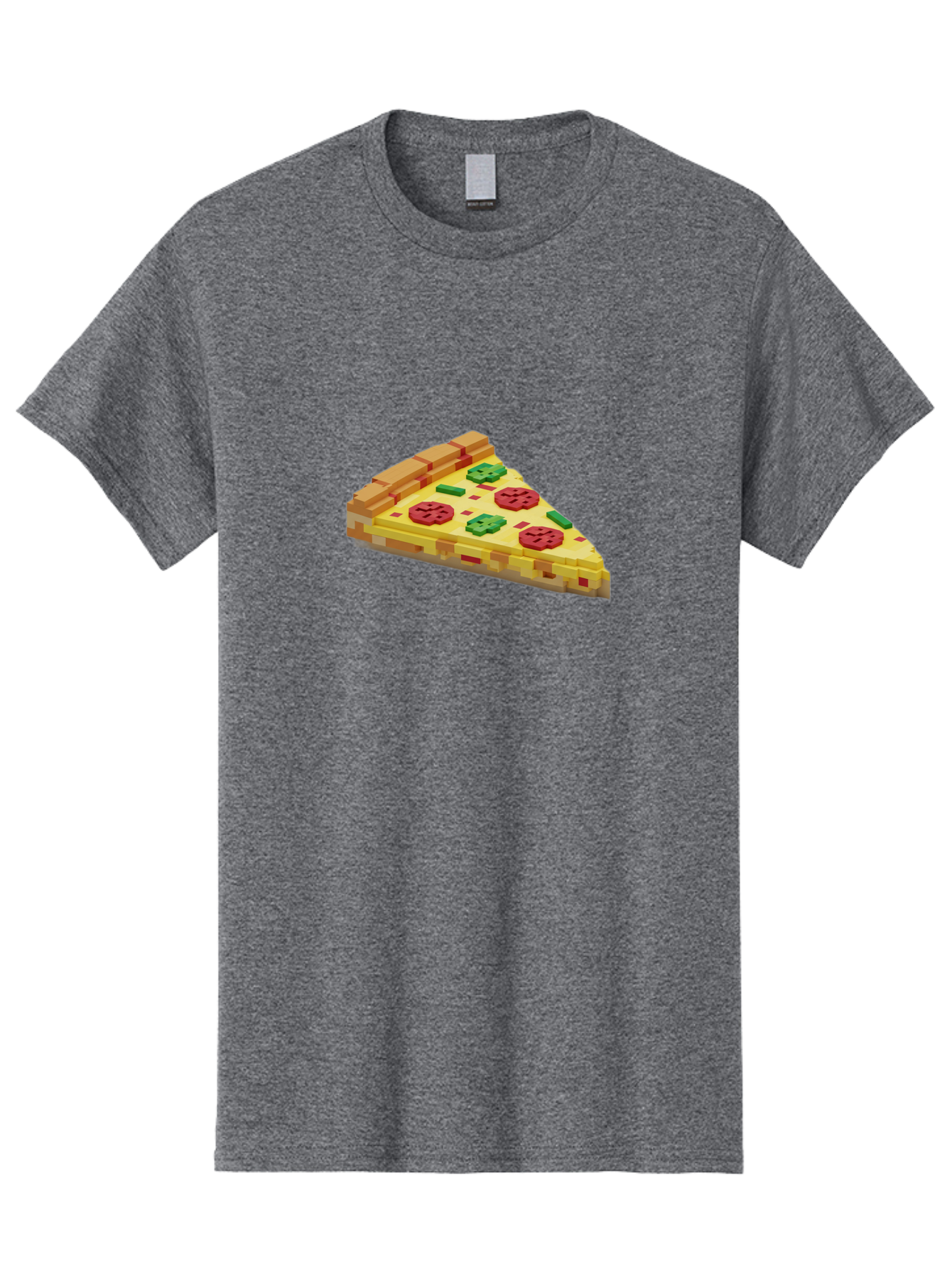 3D-Pizza-Slice Men'S Graphic Tee, 100% Cotton, Comfortable Casual Summer Wear, Machine Washable, Pixel Art, Pizza Slice, 3D Graphics, Pepperoni Pizza, Green Peppers, Yellow Crust, Red Toppings, Digital Illustration, Blocky Texture, Bab615