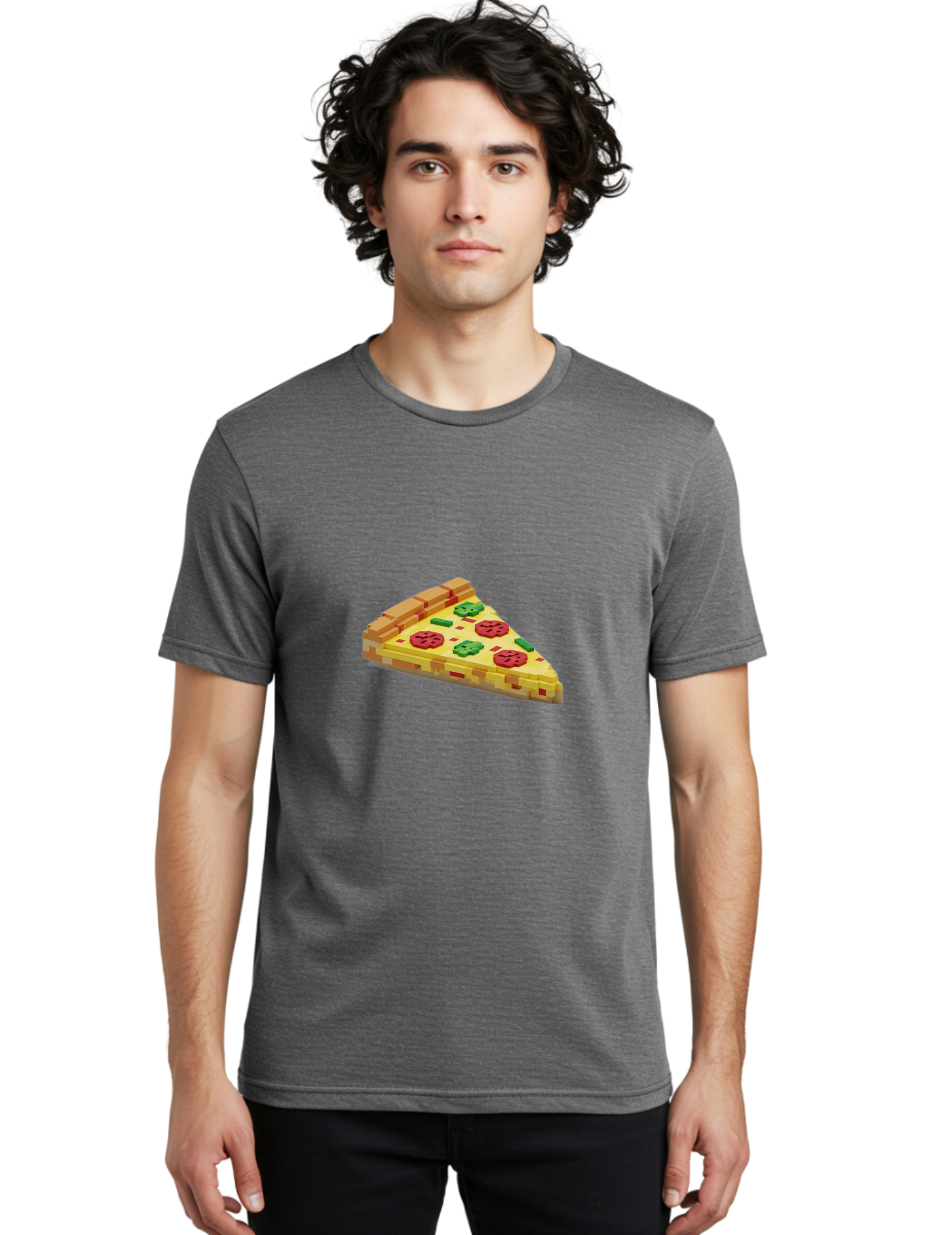 3D-Pizza-Slice Men'S Graphic Tee, 100% Cotton, Comfortable Casual Summer Wear, Machine Washable, Pixel Art, Pizza Slice, 3D Graphics, Pepperoni Pizza, Green Peppers, Yellow Crust, Red Toppings, Digital Illustration, Blocky Texture, Bab615