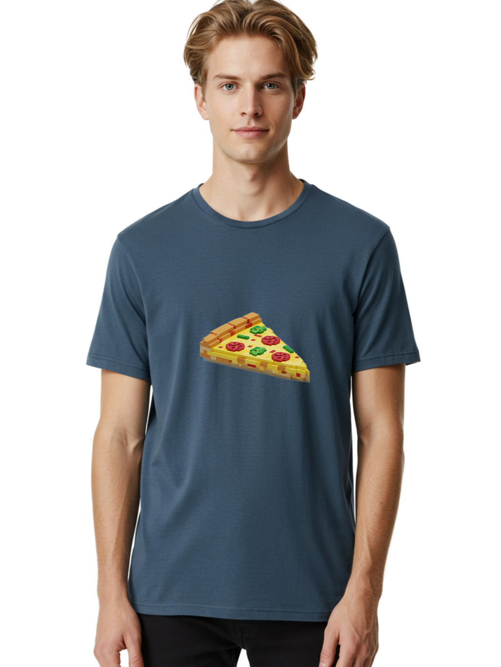 3D-Pizza-Slice Men'S Graphic Tee, 100% Cotton, Comfortable Casual Summer Wear, Machine Washable, Pixel Art, Pizza Slice, 3D Graphics, Pepperoni Pizza, Green Peppers, Yellow Crust, Red Toppings, Digital Illustration, Blocky Texture, Bab615