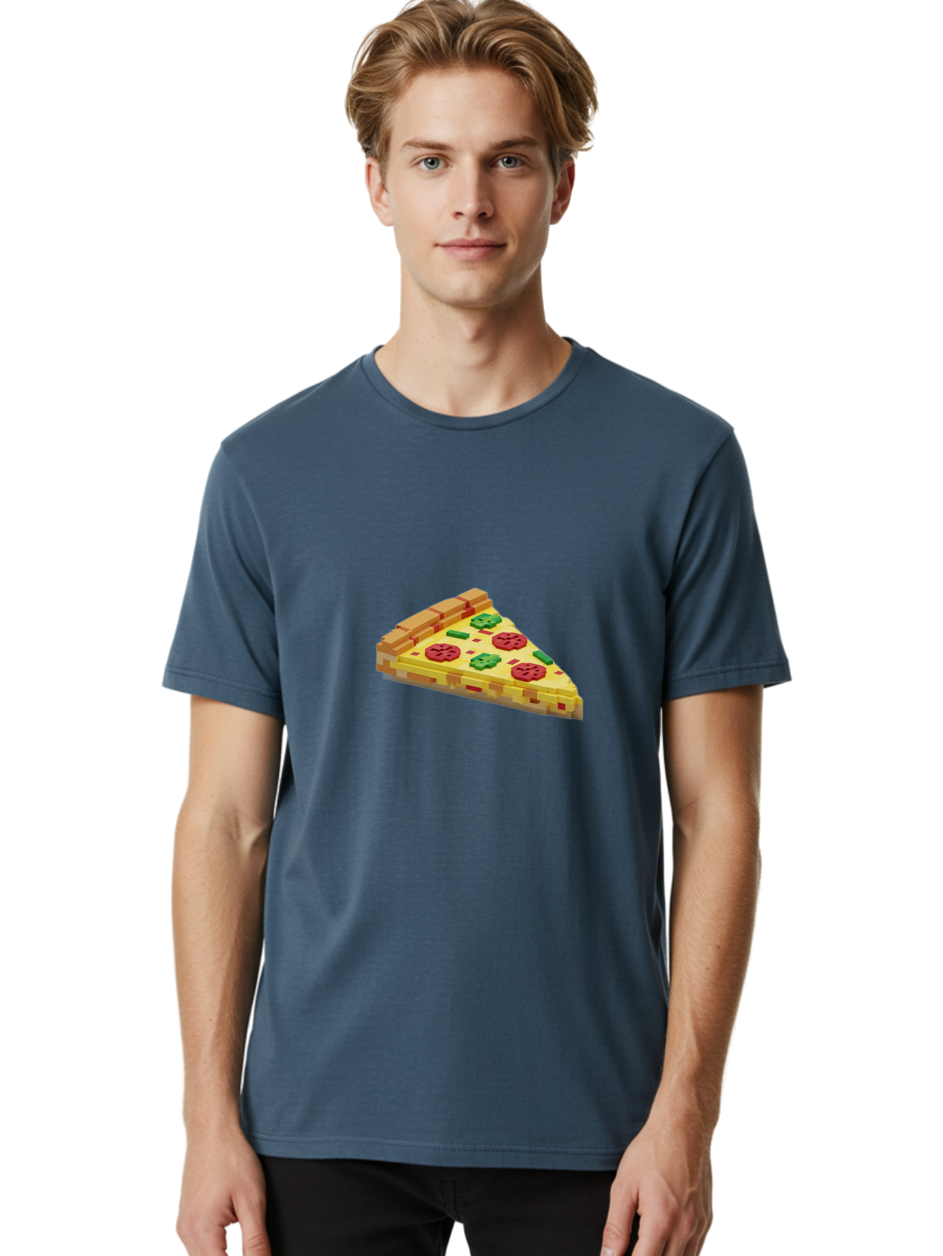 3D-Pizza-Slice Men'S Graphic Tee, 100% Cotton, Comfortable Casual Summer Wear, Machine Washable, Pixel Art, Pizza Slice, 3D Graphics, Pepperoni Pizza, Green Peppers, Yellow Crust, Red Toppings, Digital Illustration, Blocky Texture, Bab615