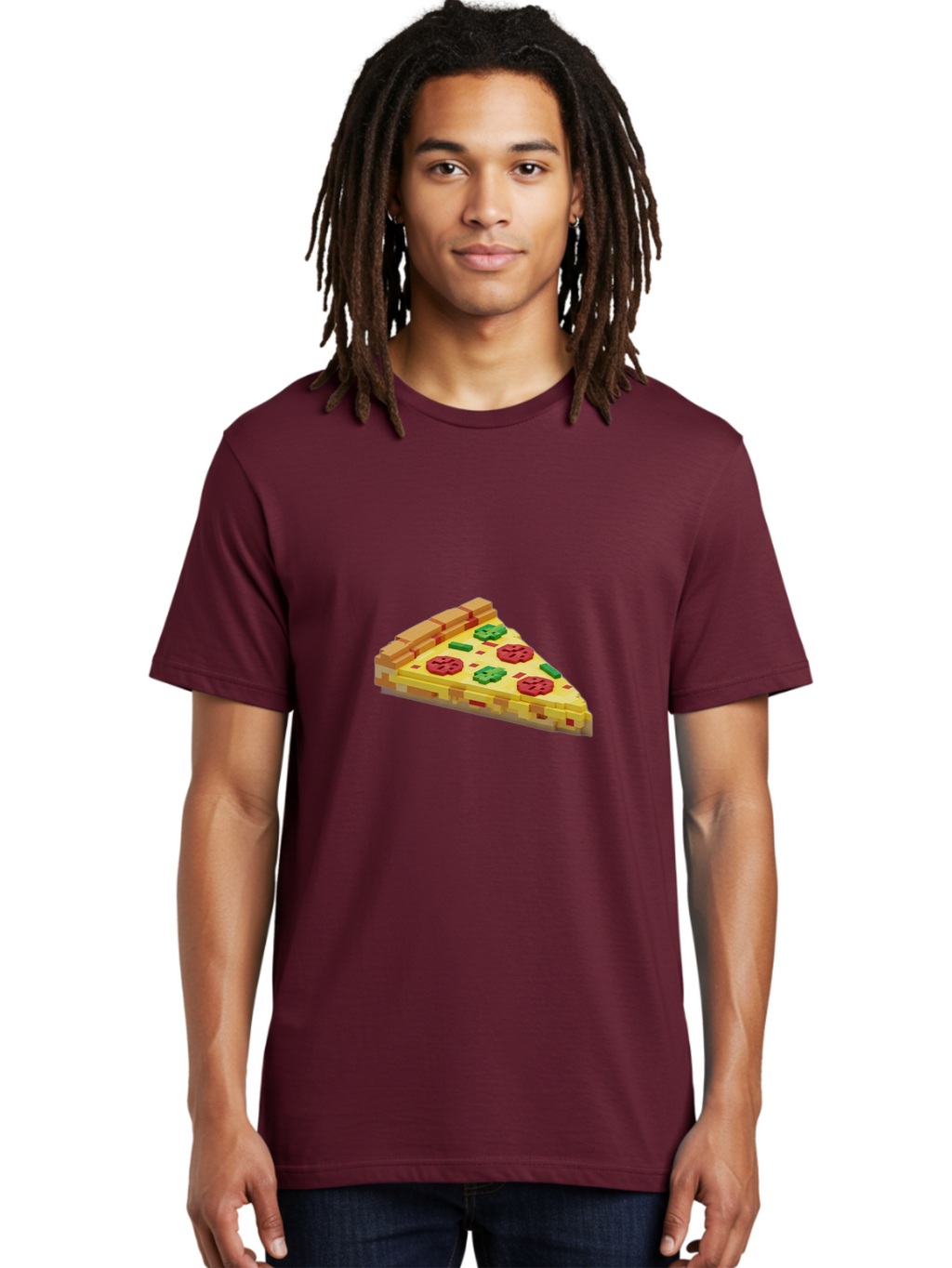 3D-Pizza-Slice Men'S Graphic Tee, 100% Cotton, Comfortable Casual Summer Wear, Machine Washable, Pixel Art, Pizza Slice, 3D Graphics, Pepperoni Pizza, Green Peppers, Yellow Crust, Red Toppings, Digital Illustration, Blocky Texture, Bab615