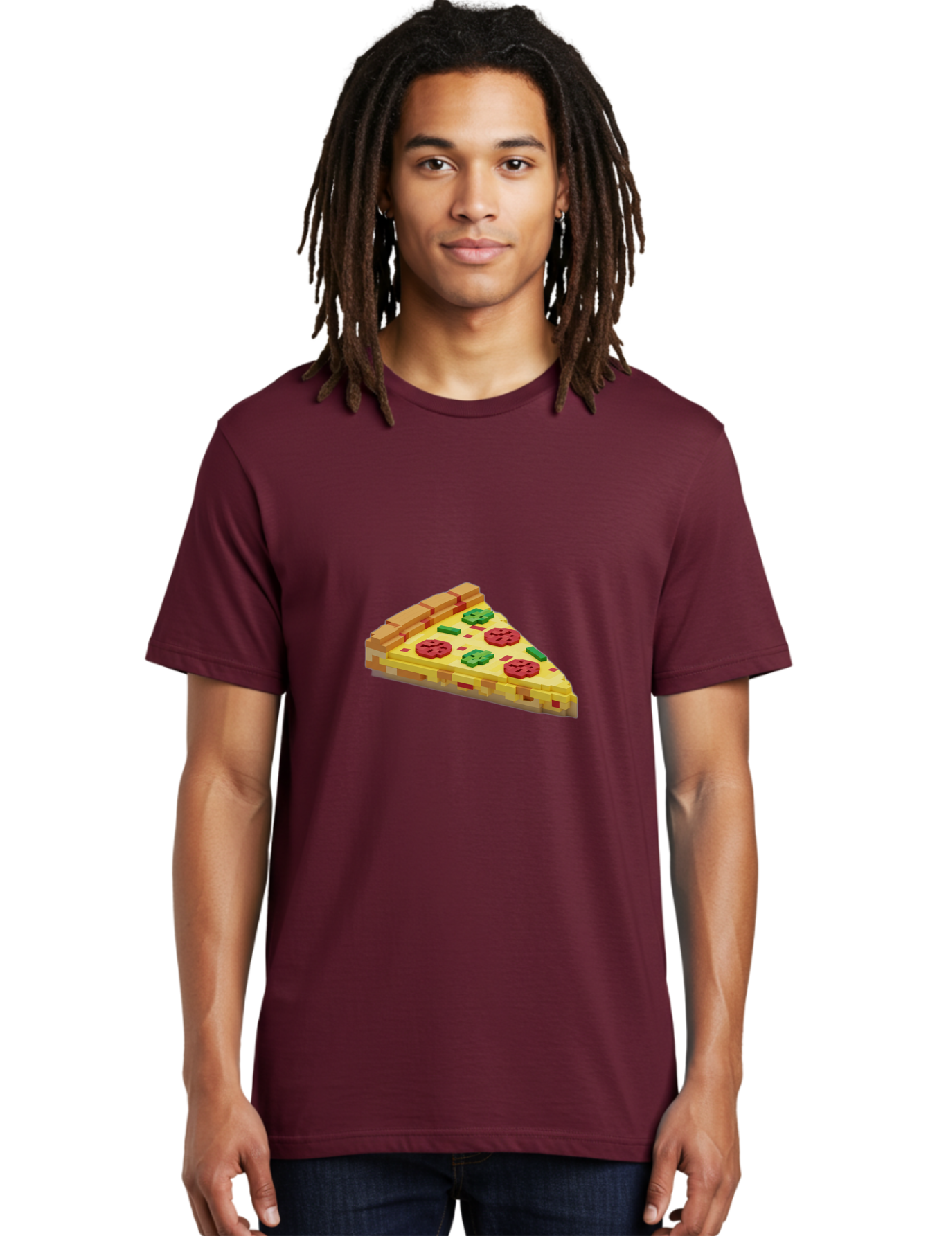 3D-Pizza-Slice Men'S Graphic Tee, 100% Cotton, Comfortable Casual Summer Wear, Machine Washable, Pixel Art, Pizza Slice, 3D Graphics, Pepperoni Pizza, Green Peppers, Yellow Crust, Red Toppings, Digital Illustration, Blocky Texture, Bab615