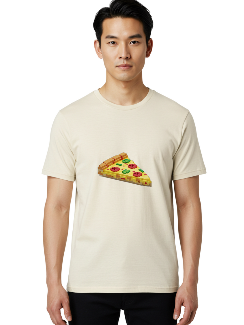 3D-Pizza-Slice Men'S Graphic Tee, 100% Cotton, Comfortable Casual Summer Wear, Machine Washable, Pixel Art, Pizza Slice, 3D Graphics, Pepperoni Pizza, Green Peppers, Yellow Crust, Red Toppings, Digital Illustration, Blocky Texture, Bab615