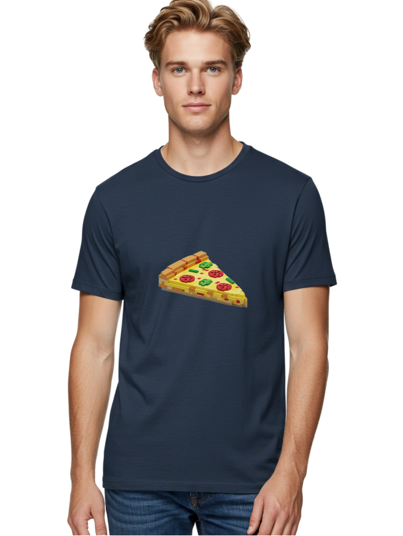 3D-Pizza-Slice Men'S Graphic Tee, 100% Cotton, Comfortable Casual Summer Wear, Machine Washable, Pixel Art, Pizza Slice, 3D Graphics, Pepperoni Pizza, Green Peppers, Yellow Crust, Red Toppings, Digital Illustration, Blocky Texture, Bab615