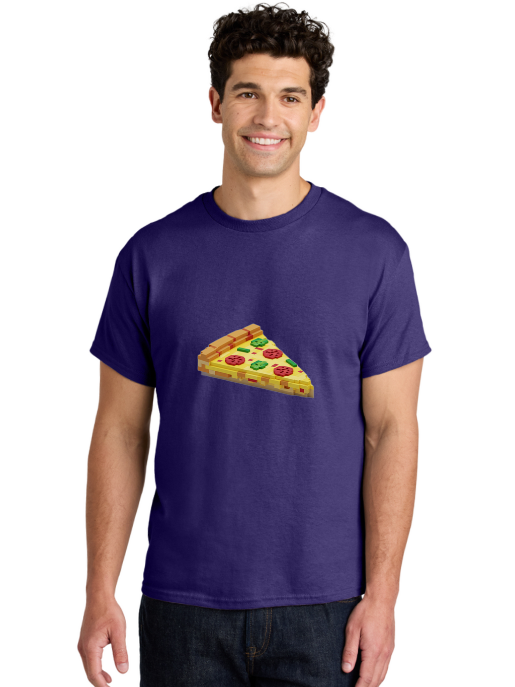 3D-Pizza-Slice Men'S Graphic Tee, 100% Cotton, Comfortable Casual Summer Wear, Machine Washable, Pixel Art, Pizza Slice, 3D Graphics, Pepperoni Pizza, Green Peppers, Yellow Crust, Red Toppings, Digital Illustration, Blocky Texture, Bab615