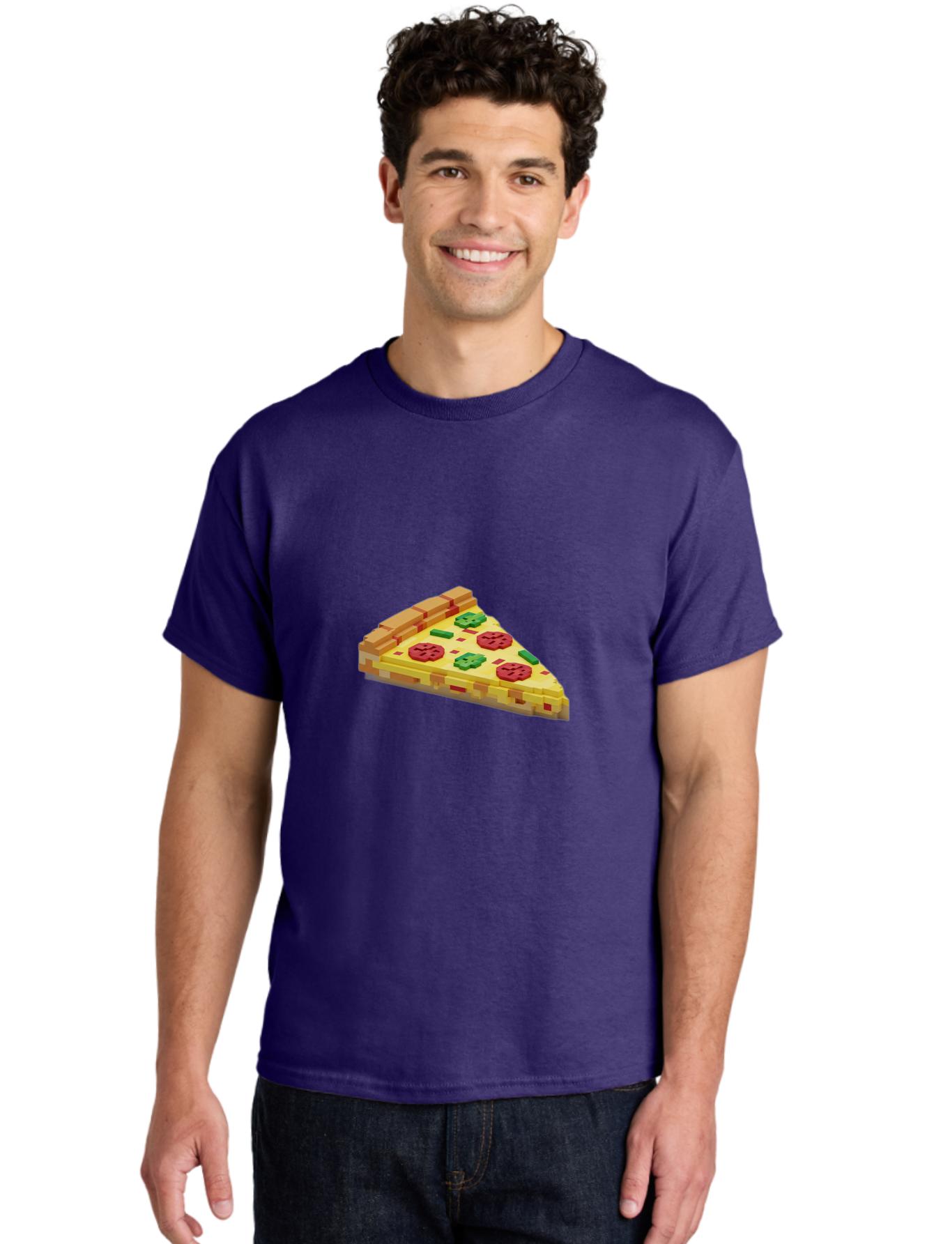 3D-Pizza-Slice Men'S Graphic Tee, 100% Cotton, Comfortable Casual Summer Wear, Machine Washable, Pixel Art, Pizza Slice, 3D Graphics, Pepperoni Pizza, Green Peppers, Yellow Crust, Red Toppings, Digital Illustration, Blocky Texture, Bab615