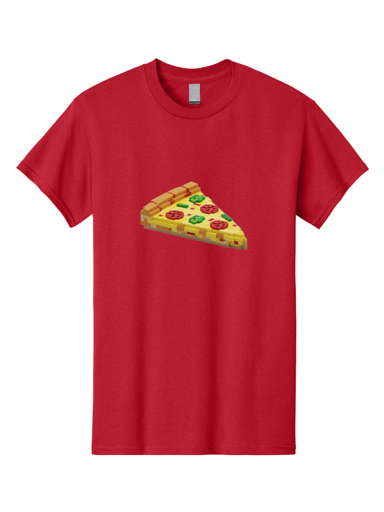 3D-Pizza-Slice Men'S Graphic Tee, 100% Cotton, Comfortable Casual Summer Wear, Machine Washable, Pixel Art, Pizza Slice, 3D Graphics, Pepperoni Pizza, Green Peppers, Yellow Crust, Red Toppings, Digital Illustration, Blocky Texture, Bab615
