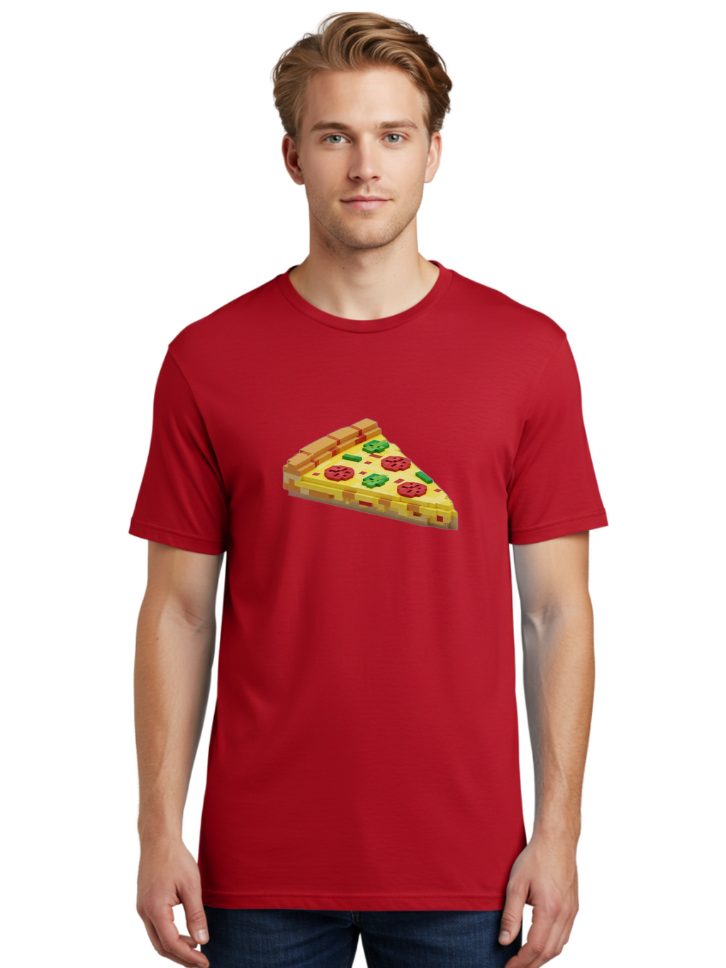 3D-Pizza-Slice Men'S Graphic Tee, 100% Cotton, Comfortable Casual Summer Wear, Machine Washable, Pixel Art, Pizza Slice, 3D Graphics, Pepperoni Pizza, Green Peppers, Yellow Crust, Red Toppings, Digital Illustration, Blocky Texture, Bab615