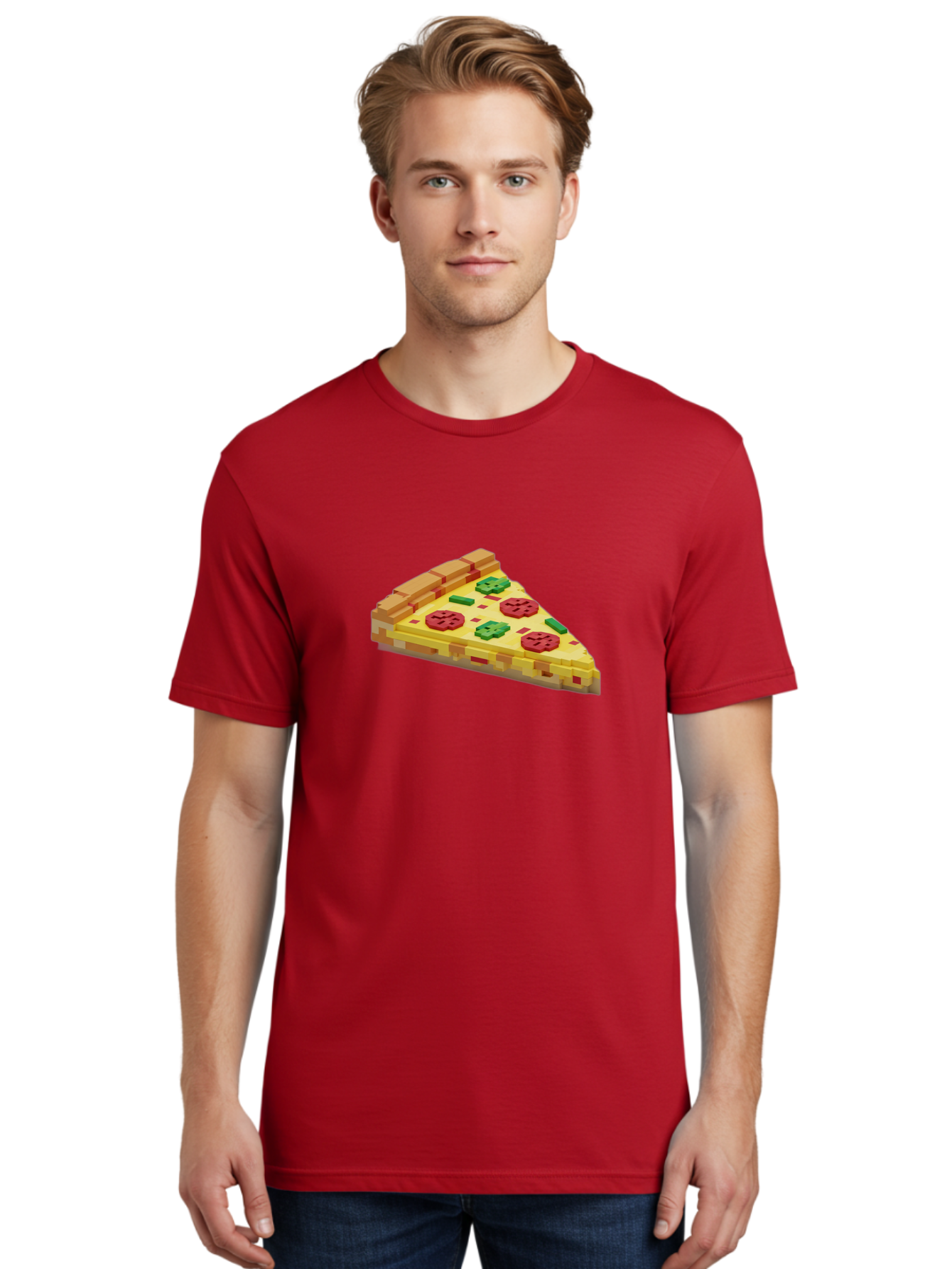 3D-Pizza-Slice Men'S Graphic Tee, 100% Cotton, Comfortable Casual Summer Wear, Machine Washable, Pixel Art, Pizza Slice, 3D Graphics, Pepperoni Pizza, Green Peppers, Yellow Crust, Red Toppings, Digital Illustration, Blocky Texture, Bab615