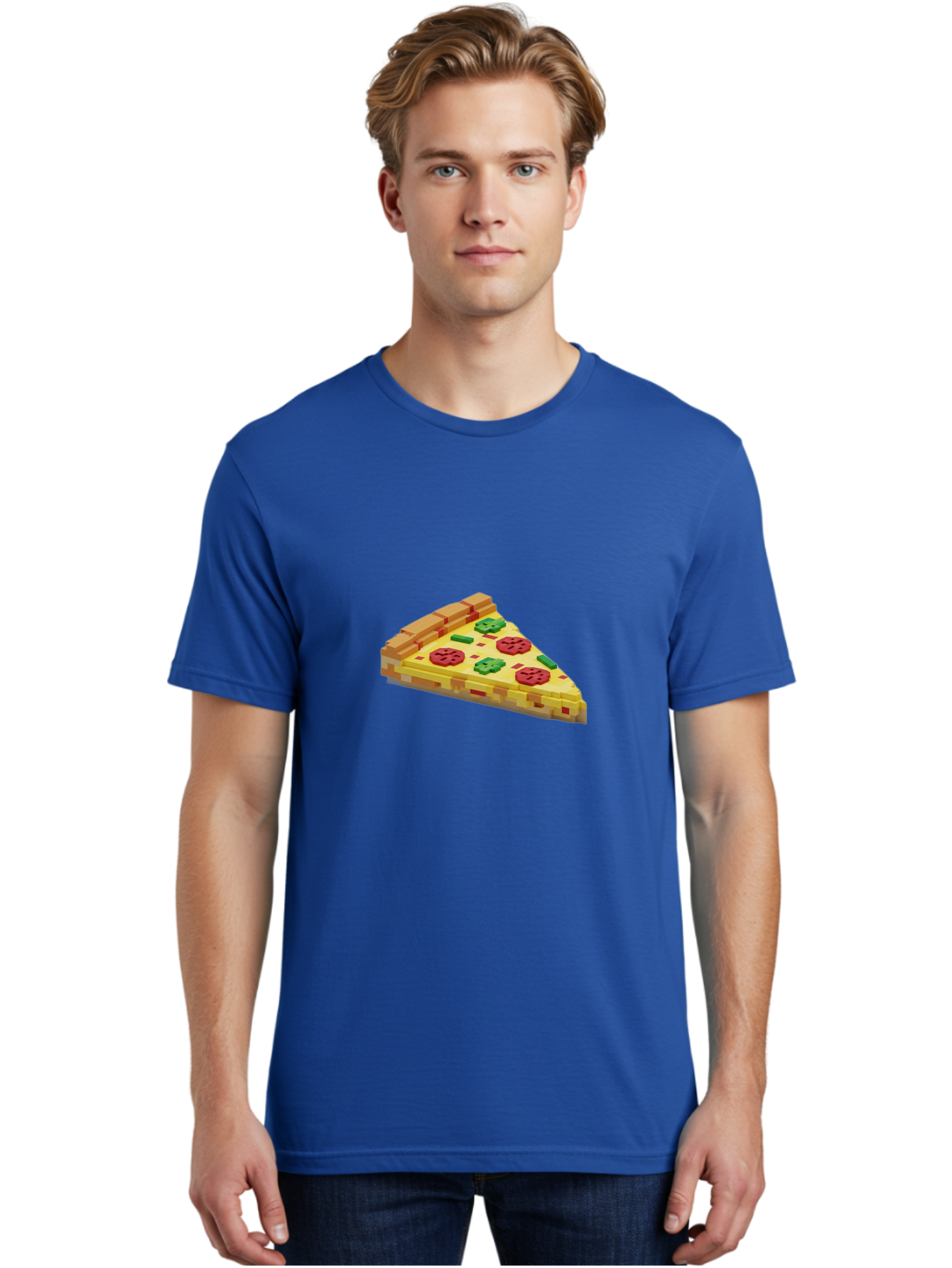 3D-Pizza-Slice Men'S Graphic Tee, 100% Cotton, Comfortable Casual Summer Wear, Machine Washable, Pixel Art, Pizza Slice, 3D Graphics, Pepperoni Pizza, Green Peppers, Yellow Crust, Red Toppings, Digital Illustration, Blocky Texture, Bab615
