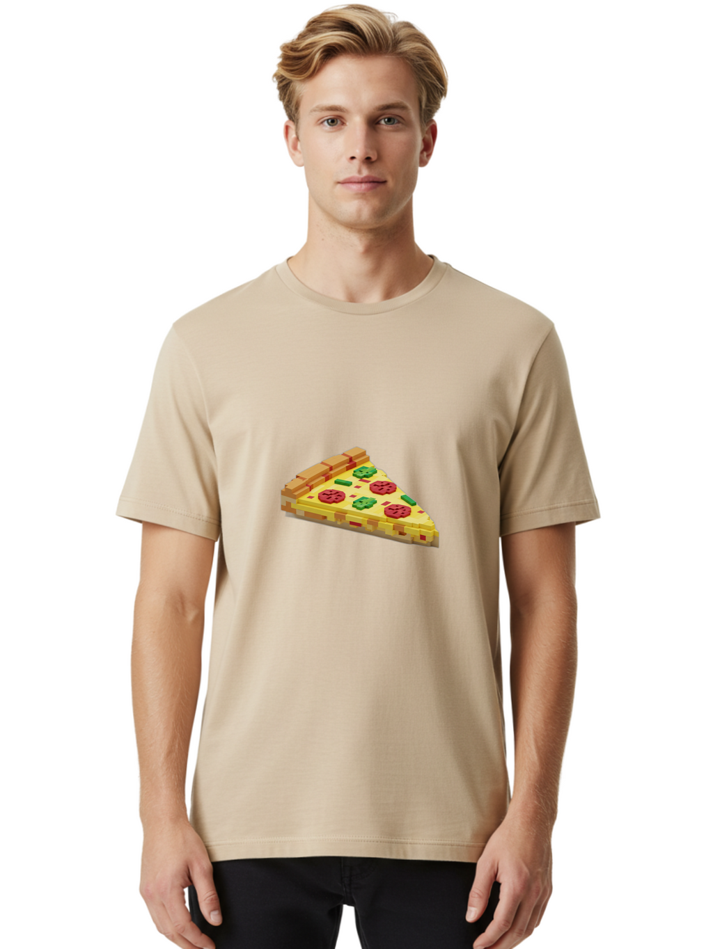 3D-Pizza-Slice Men'S Graphic Tee, 100% Cotton, Comfortable Casual Summer Wear, Machine Washable, Pixel Art, Pizza Slice, 3D Graphics, Pepperoni Pizza, Green Peppers, Yellow Crust, Red Toppings, Digital Illustration, Blocky Texture, Bab615