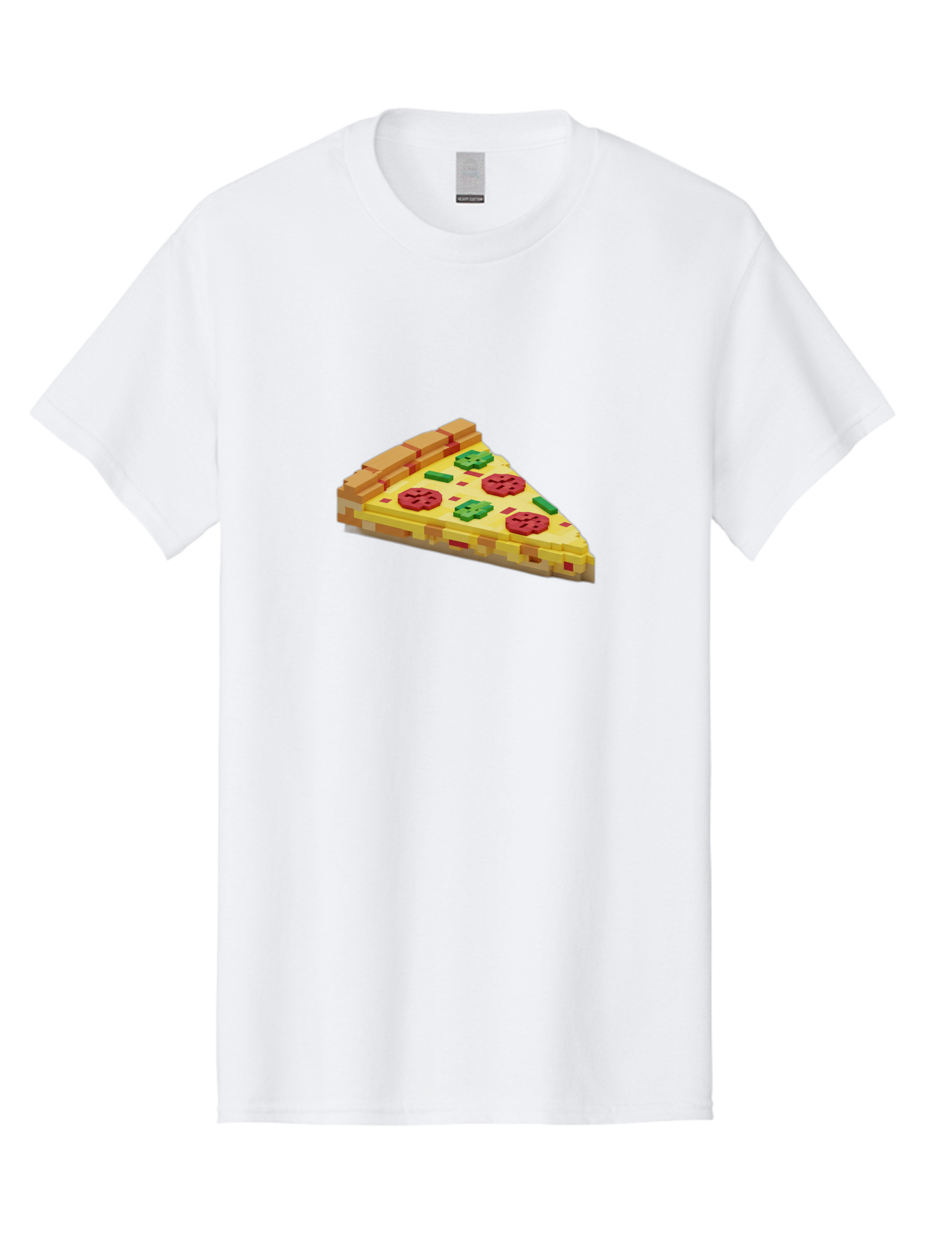 3D-Pizza-Slice Men'S Graphic Tee, 100% Cotton, Comfortable Casual Summer Wear, Machine Washable, Pixel Art, Pizza Slice, 3D Graphics, Pepperoni Pizza, Green Peppers, Yellow Crust, Red Toppings, Digital Illustration, Blocky Texture, Bab615