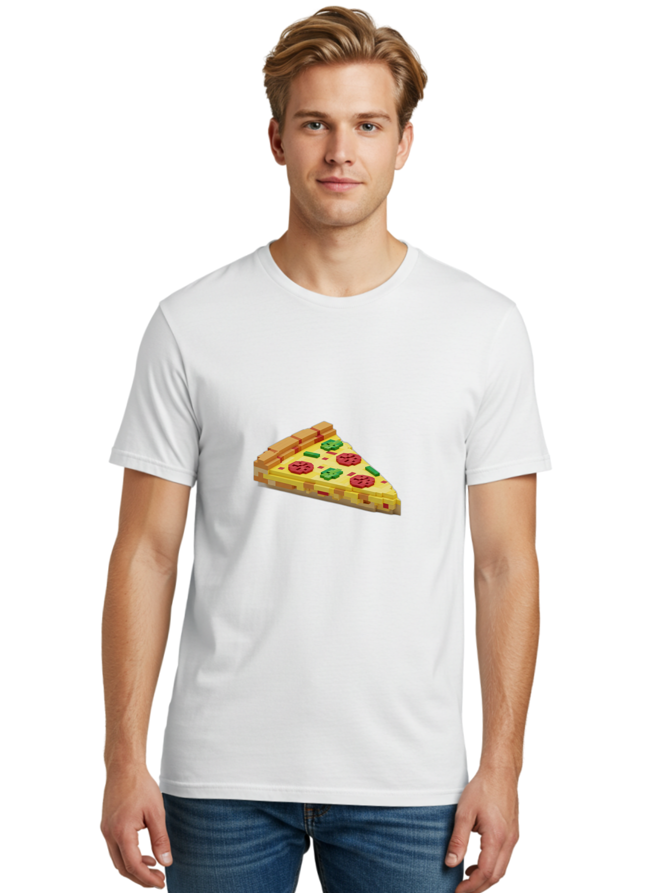 3D-Pizza-Slice Men'S Graphic Tee, 100% Cotton, Comfortable Casual Summer Wear, Machine Washable, Pixel Art, Pizza Slice, 3D Graphics, Pepperoni Pizza, Green Peppers, Yellow Crust, Red Toppings, Digital Illustration, Blocky Texture, Bab615