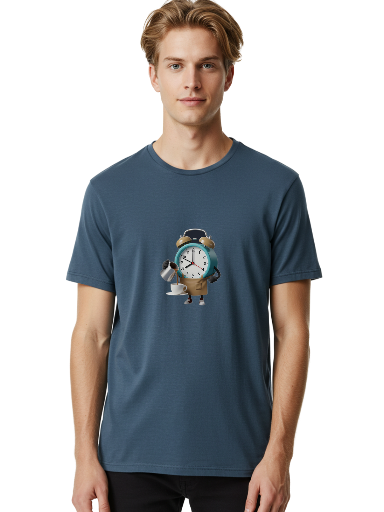 Alarm-Clock-Character Men'S Graphic Tee, 100% Cotton, Comfortable Casual Summer Wear, Machine Washable, Alarm Clock Character, Morning Coffee, Daily Routine, Time Management, Coffee Break, Cartoon Style, Clock Face, Coffee Cup, Saucer, Bab617
