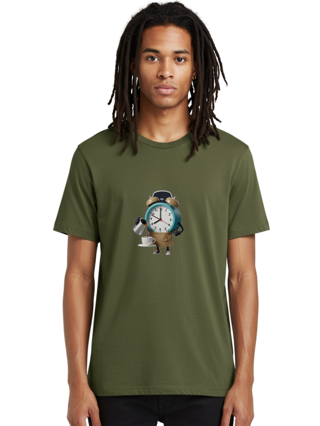 Alarm-Clock-Character Men'S Graphic Tee, 100% Cotton, Comfortable Casual Summer Wear, Machine Washable, Alarm Clock Character, Morning Coffee, Daily Routine, Time Management, Coffee Break, Cartoon Style, Clock Face, Coffee Cup, Saucer, Bab617