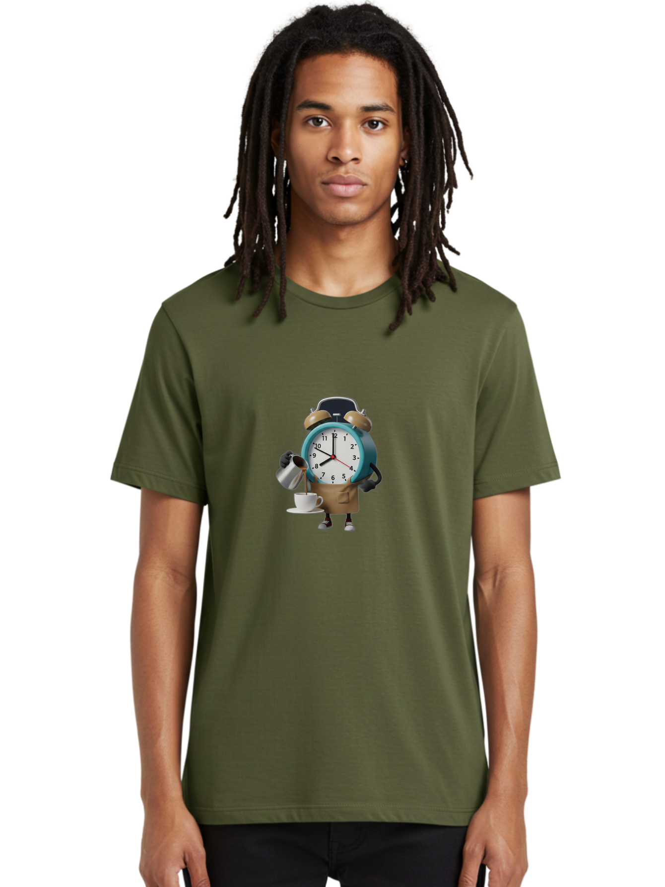 Alarm-Clock-Character Men'S Graphic Tee, 100% Cotton, Comfortable Casual Summer Wear, Machine Washable, Alarm Clock Character, Morning Coffee, Daily Routine, Time Management, Coffee Break, Cartoon Style, Clock Face, Coffee Cup, Saucer, Bab617