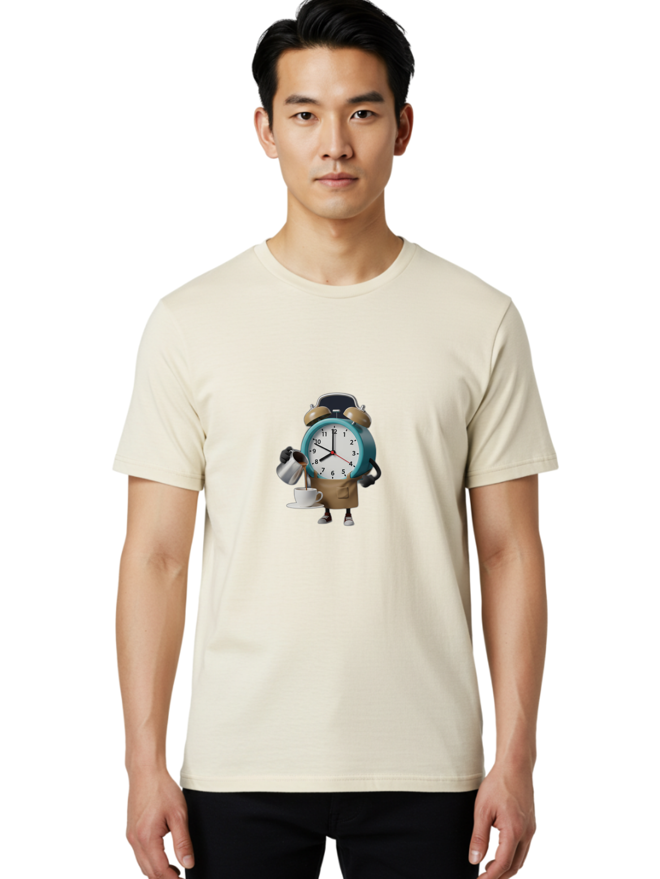 Alarm-Clock-Character Men'S Graphic Tee, 100% Cotton, Comfortable Casual Summer Wear, Machine Washable, Alarm Clock Character, Morning Coffee, Daily Routine, Time Management, Coffee Break, Cartoon Style, Clock Face, Coffee Cup, Saucer, Bab617