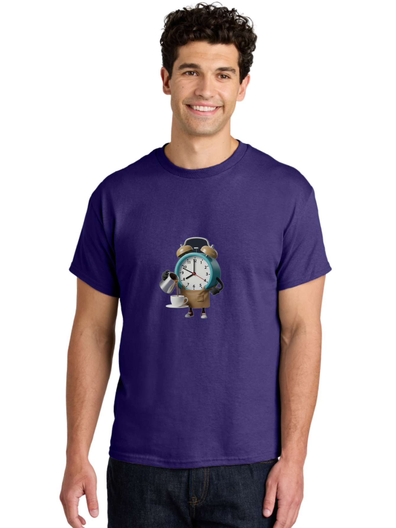 Alarm-Clock-Character Men'S Graphic Tee, 100% Cotton, Comfortable Casual Summer Wear, Machine Washable, Alarm Clock Character, Morning Coffee, Daily Routine, Time Management, Coffee Break, Cartoon Style, Clock Face, Coffee Cup, Saucer, Bab617