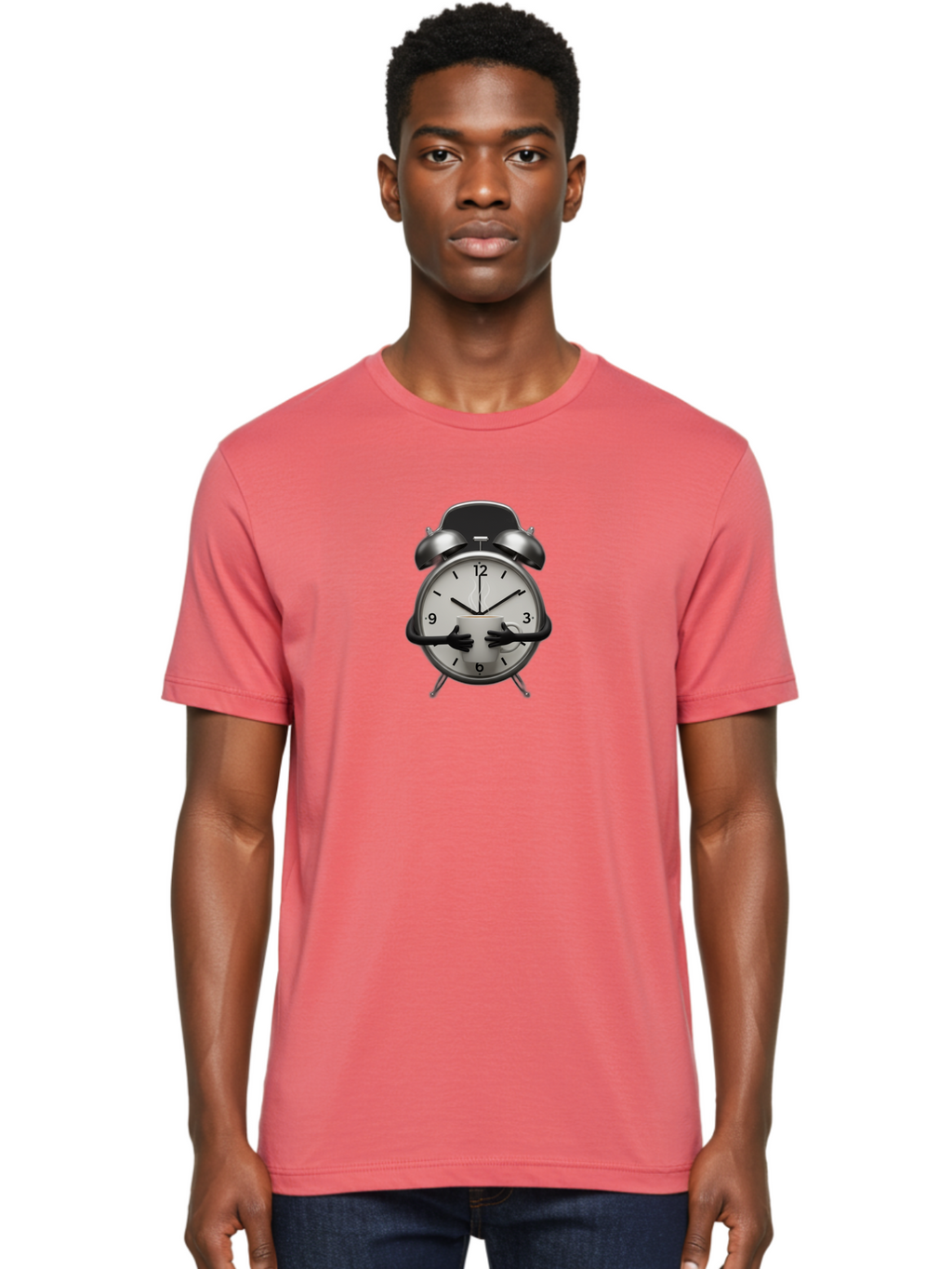 Alarm-Clock Men'S Graphic Tee, 100% Cotton, Comfortable Casual Summer Wear, Machine Washable, Alarm Clock With Hands At 11:30, Retro Style, Classic Design, Simple Analog Clock, Time Keeping, Morning Wake-Up, Black And White Clock Face, Bab618