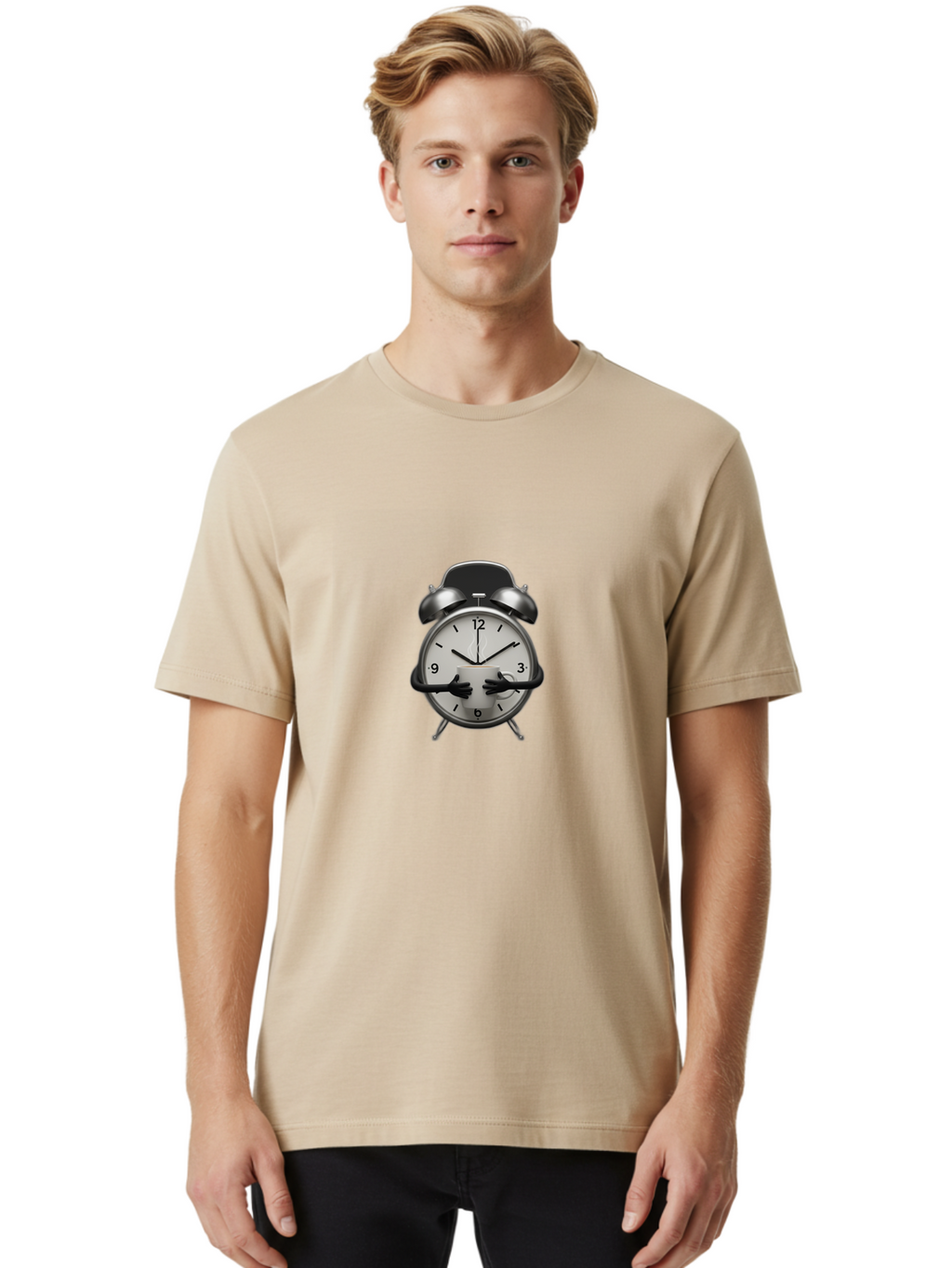 Alarm-Clock Men'S Graphic Tee, 100% Cotton, Comfortable Casual Summer Wear, Machine Washable, Alarm Clock With Hands At 11:30, Retro Style, Classic Design, Simple Analog Clock, Time Keeping, Morning Wake-Up, Black And White Clock Face, Bab618