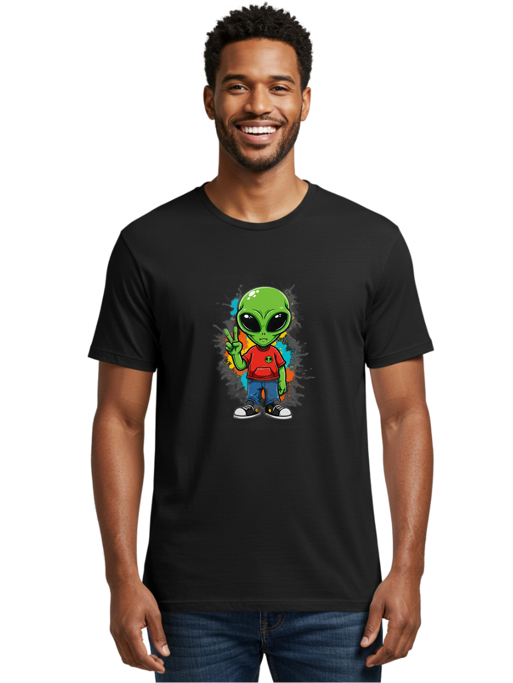 Alien-1 Men'S Graphic Tee, 100% Cotton, Comfortable Casual Summer Wear, Machine Washable, Cartoon Alien, Peace Sign, Red Shirt, Blue Jeans, Black Sneakers, Colorful Splatter, Playful Vibe, Fun Design, Quirky Character, Streetwear Style Bab619