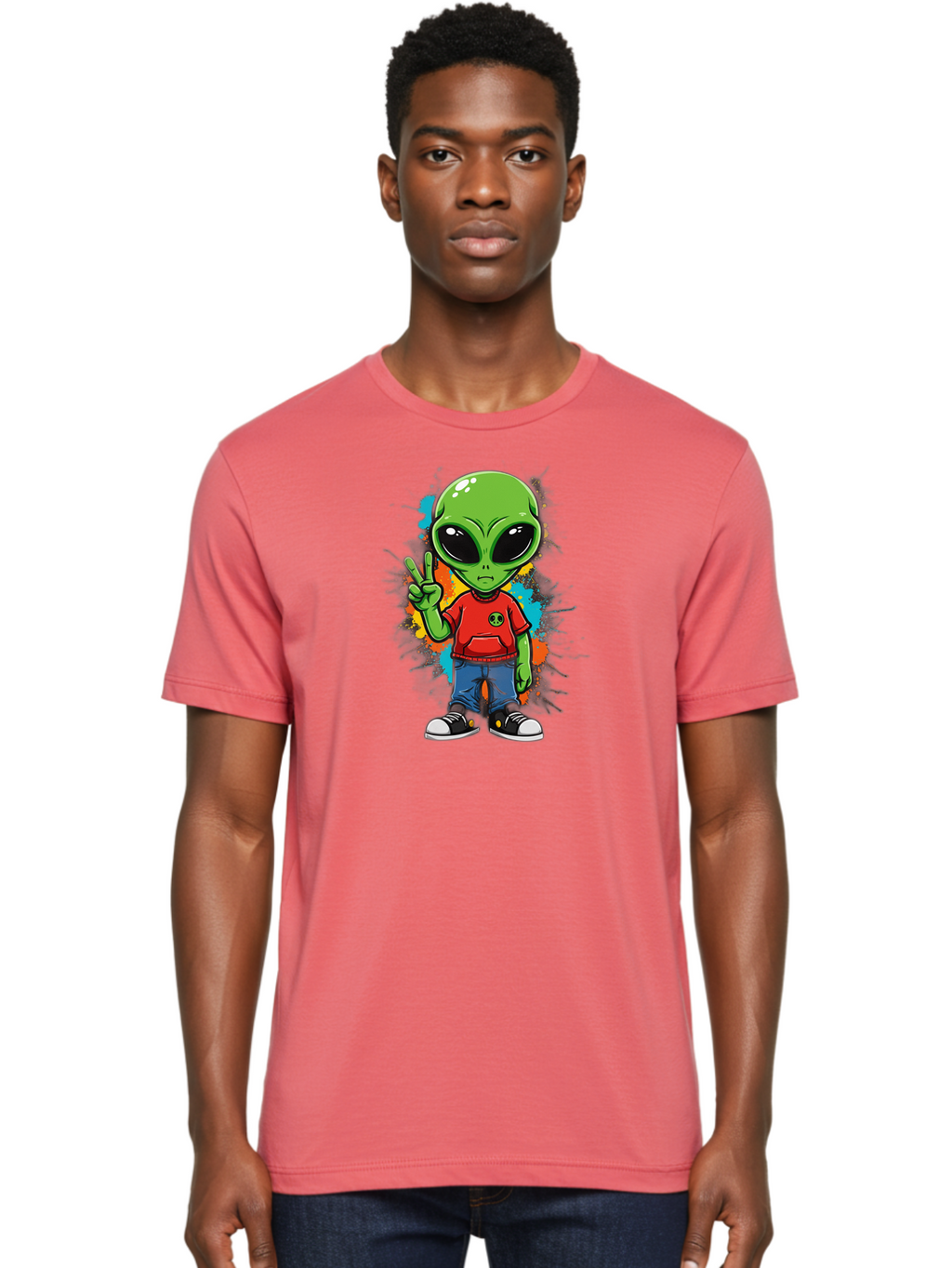 Alien-1 Men'S Graphic Tee, 100% Cotton, Comfortable Casual Summer Wear, Machine Washable, Cartoon Alien, Peace Sign, Red Shirt, Blue Jeans, Black Sneakers, Colorful Splatter, Playful Vibe, Fun Design, Quirky Character, Streetwear Style Bab619