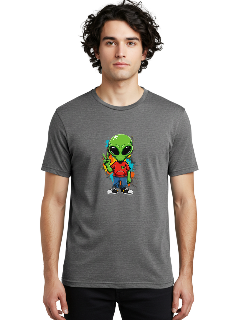 Alien-1 Men'S Graphic Tee, 100% Cotton, Comfortable Casual Summer Wear, Machine Washable, Cartoon Alien, Peace Sign, Red Shirt, Blue Jeans, Black Sneakers, Colorful Splatter, Playful Vibe, Fun Design, Quirky Character, Streetwear Style Bab619