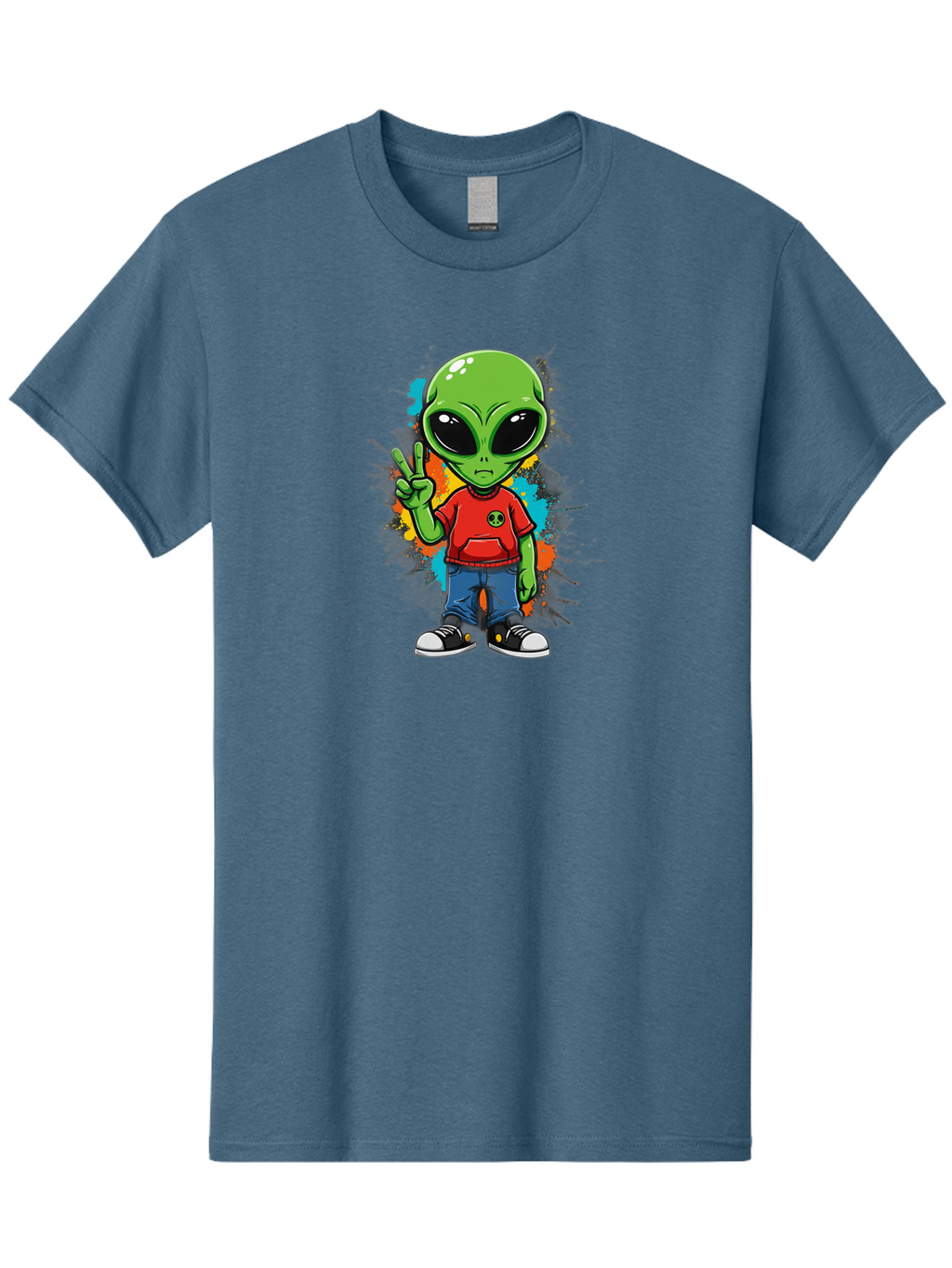 Alien-1 Men'S Graphic Tee, 100% Cotton, Comfortable Casual Summer Wear, Machine Washable, Cartoon Alien, Peace Sign, Red Shirt, Blue Jeans, Black Sneakers, Colorful Splatter, Playful Vibe, Fun Design, Quirky Character, Streetwear Style Bab619