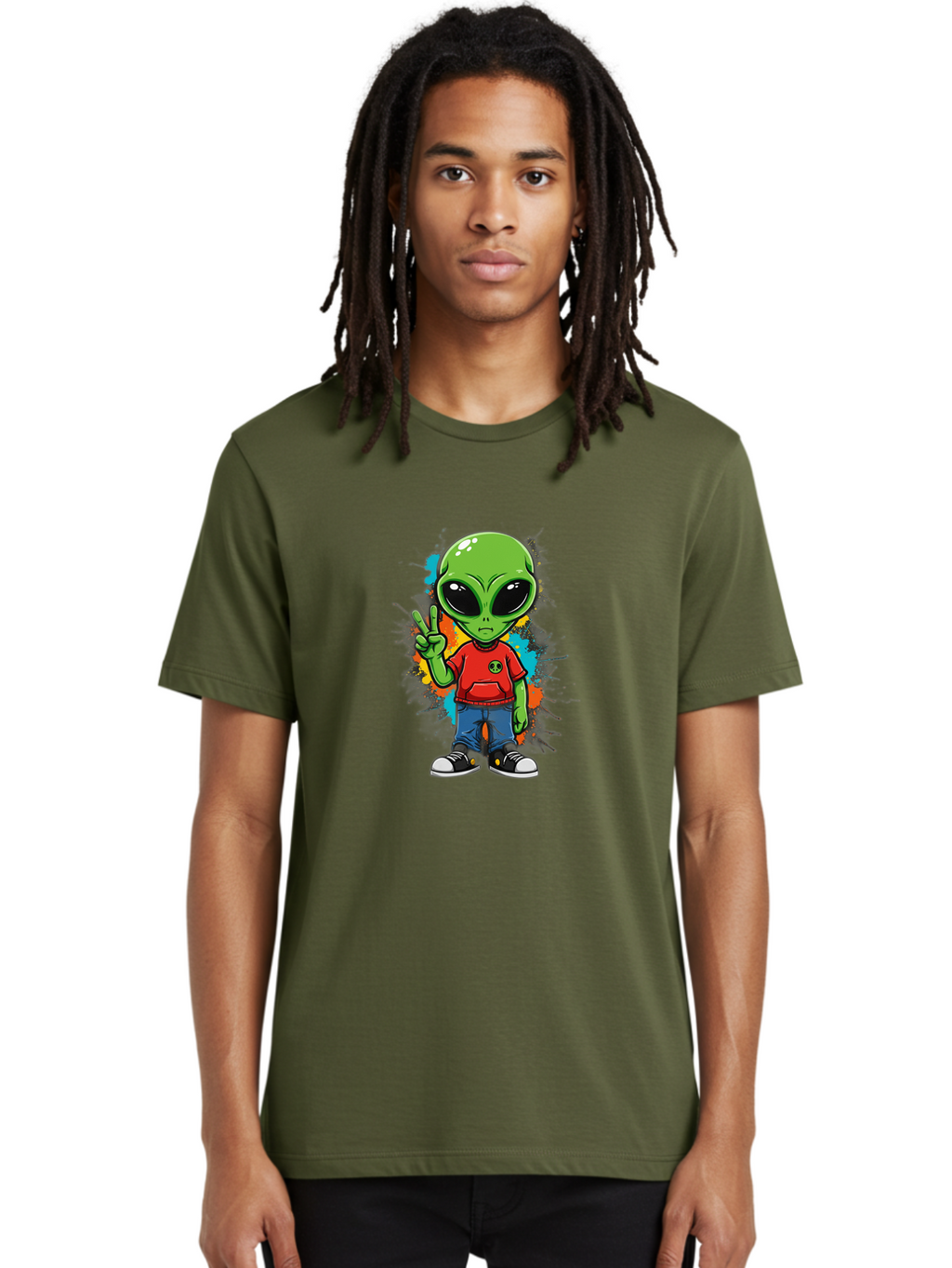 Alien-1 Men'S Graphic Tee, 100% Cotton, Comfortable Casual Summer Wear, Machine Washable, Cartoon Alien, Peace Sign, Red Shirt, Blue Jeans, Black Sneakers, Colorful Splatter, Playful Vibe, Fun Design, Quirky Character, Streetwear Style Bab619