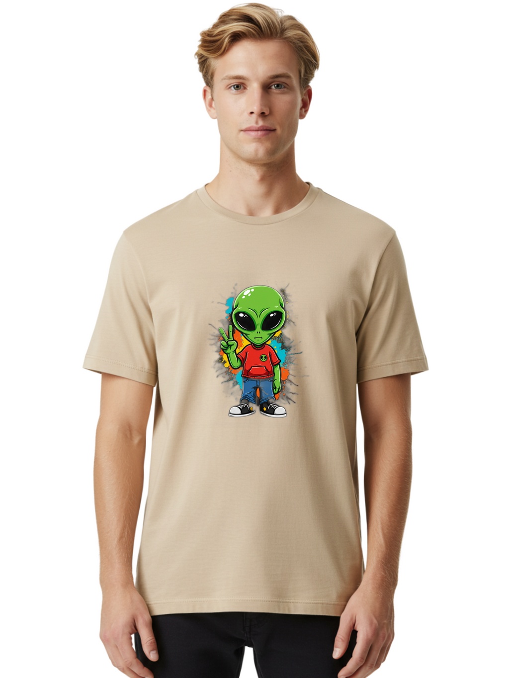 Alien-1 Men'S Graphic Tee, 100% Cotton, Comfortable Casual Summer Wear, Machine Washable, Cartoon Alien, Peace Sign, Red Shirt, Blue Jeans, Black Sneakers, Colorful Splatter, Playful Vibe, Fun Design, Quirky Character, Streetwear Style Bab619