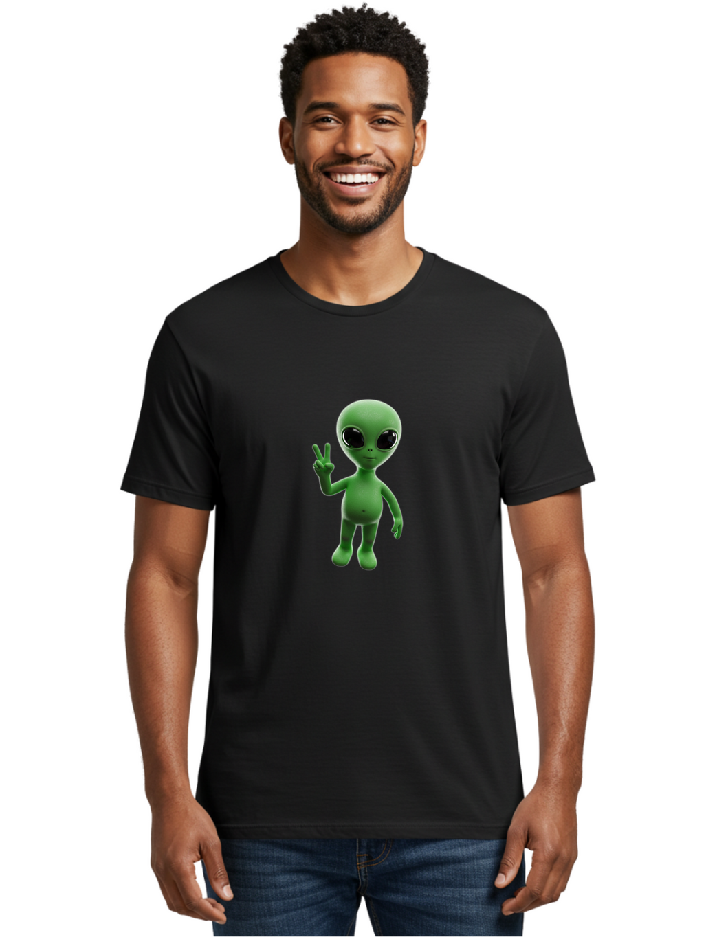 Alien-2 Men'S Graphic Tee, 100% Cotton, Comfortable Casual Summer Wear, Machine Washable, Cartoon Alien, Peace Sign, 3D Rendering, Friendly Gesture, Outer Space Character, Green Skin Tone, Black Eyes, Digital Artwork, Pop Culture Symbol Bab620